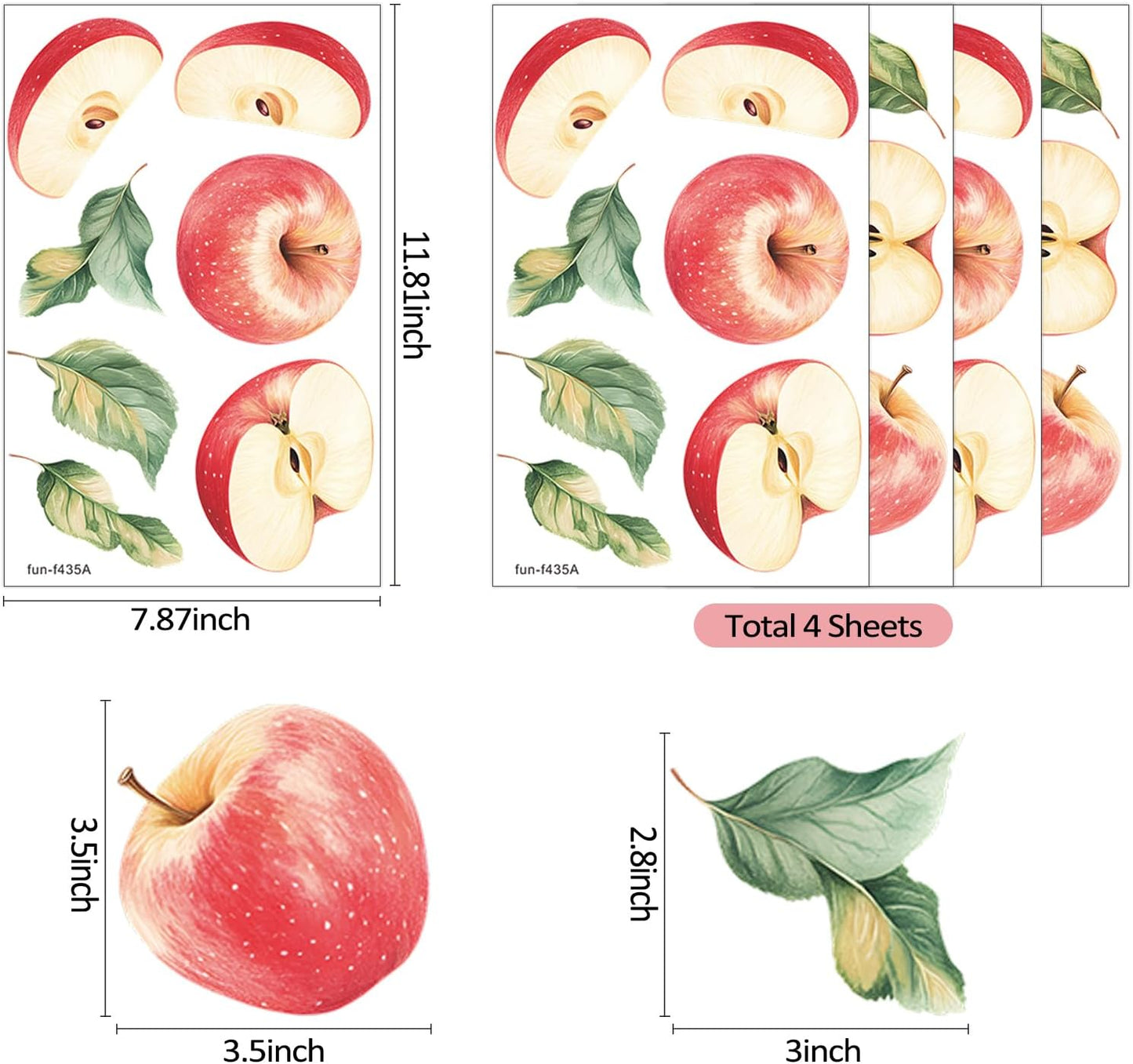4 Sheets Apple Stickers Decals Wall Decor | Summer Wall Decals, Fruit Stickers, Apple Decor For Kitchen Bathroom Home Classroom, Summer Farmhouse Party Decorations BST202