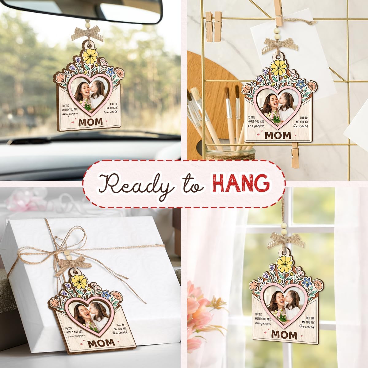 Mom Picture Frame Gifts from Daughter Son – Wooden Photo Frame Ornament with Sentimental Card, Car Photo Holder Decoration – Mother’s Day & Birthday Gifts for Mom, Bonus Step Mama WN420