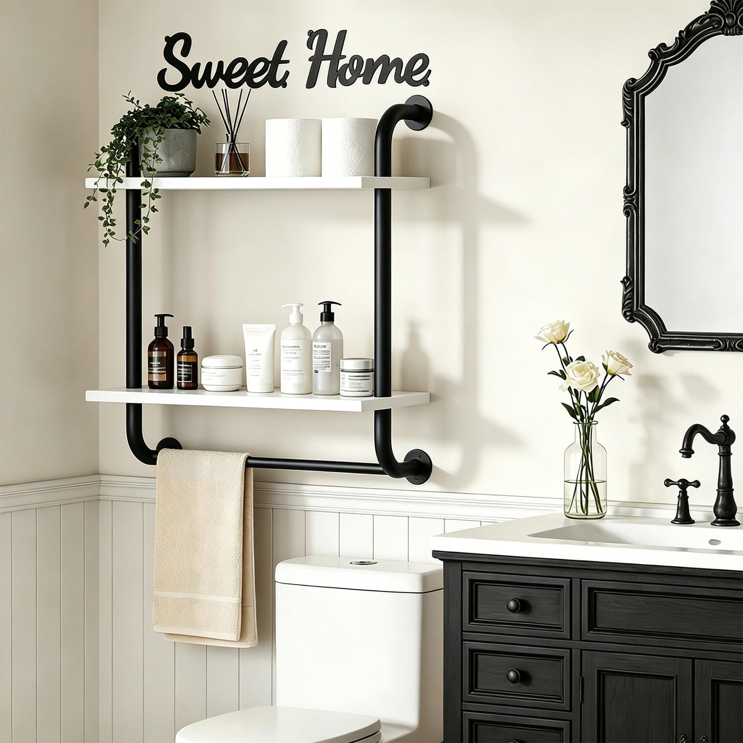 Tinpin Bathroom Shelves Wall Mounted, Rustic Farmhouse Pipe Shelves, Walls Shelf 3-Tier, Industrial Pipe Shelving, Floating Shelf Wall Decor for Bathroom, Kitchen, Bedroom, Living Room 17.3in Black DD1210