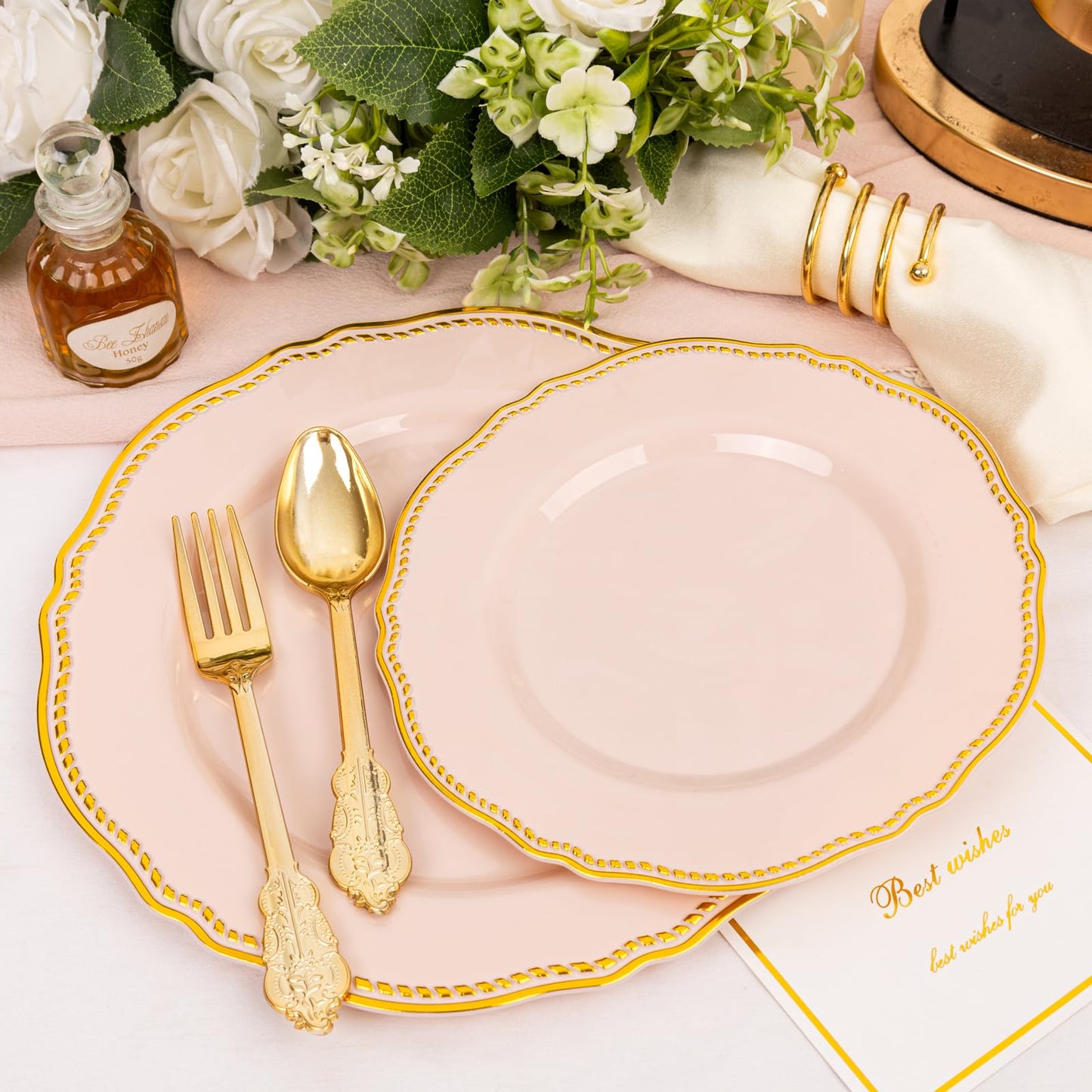 Hioasis 60pcs Pink Plastic Plates - Pink and Gold Disposable Dinnerware with Gold Rim N26