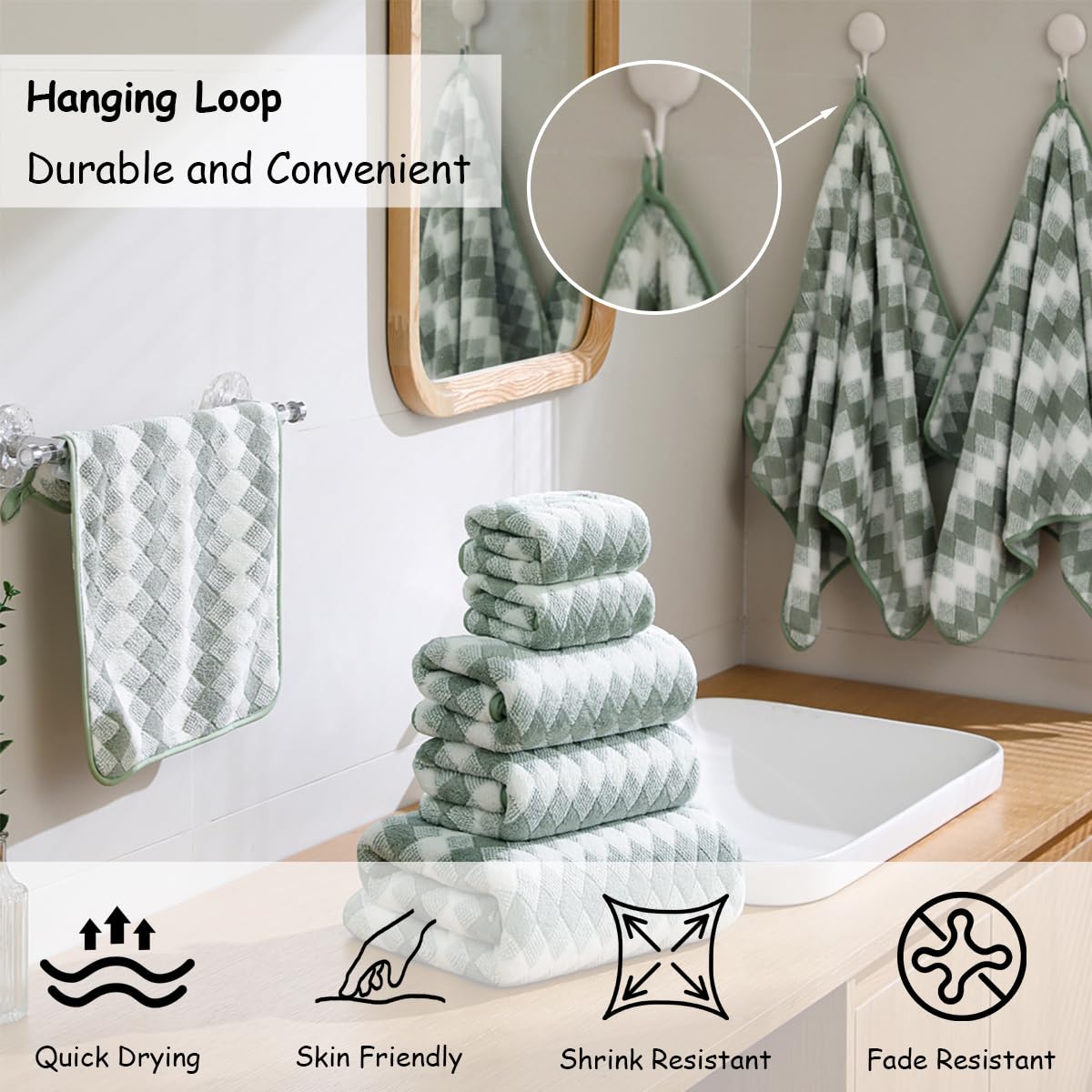 12 Pcs Light Gray Diamond Towel Set-4 Bath Towels,4 Hand Towels,4 Washcloths Soft Polyester Towels with Loop Absorbent Shower Towel Quick Dry Beach Chair Towel Family Towels for Bathroom Spa Gym Pool BST220