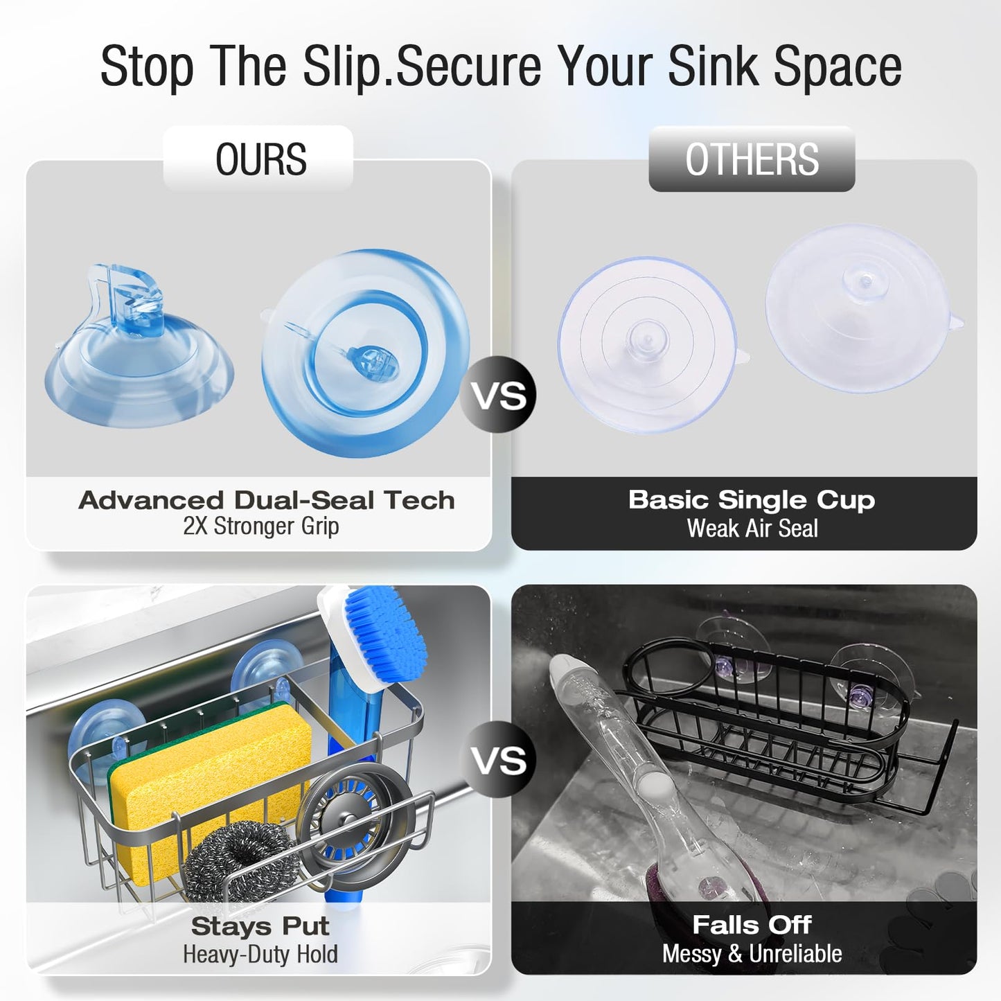 3-in-1 Kitchen Sink Caddy Organizer with Sponge Holder, Brush Holder, Extra Rack for Scrubber, Sink Stopper, Dish Cloth Hanger - Strong Dual Suction Cup, 2.0mm SUS304 Stainless Steel - Grey WN420