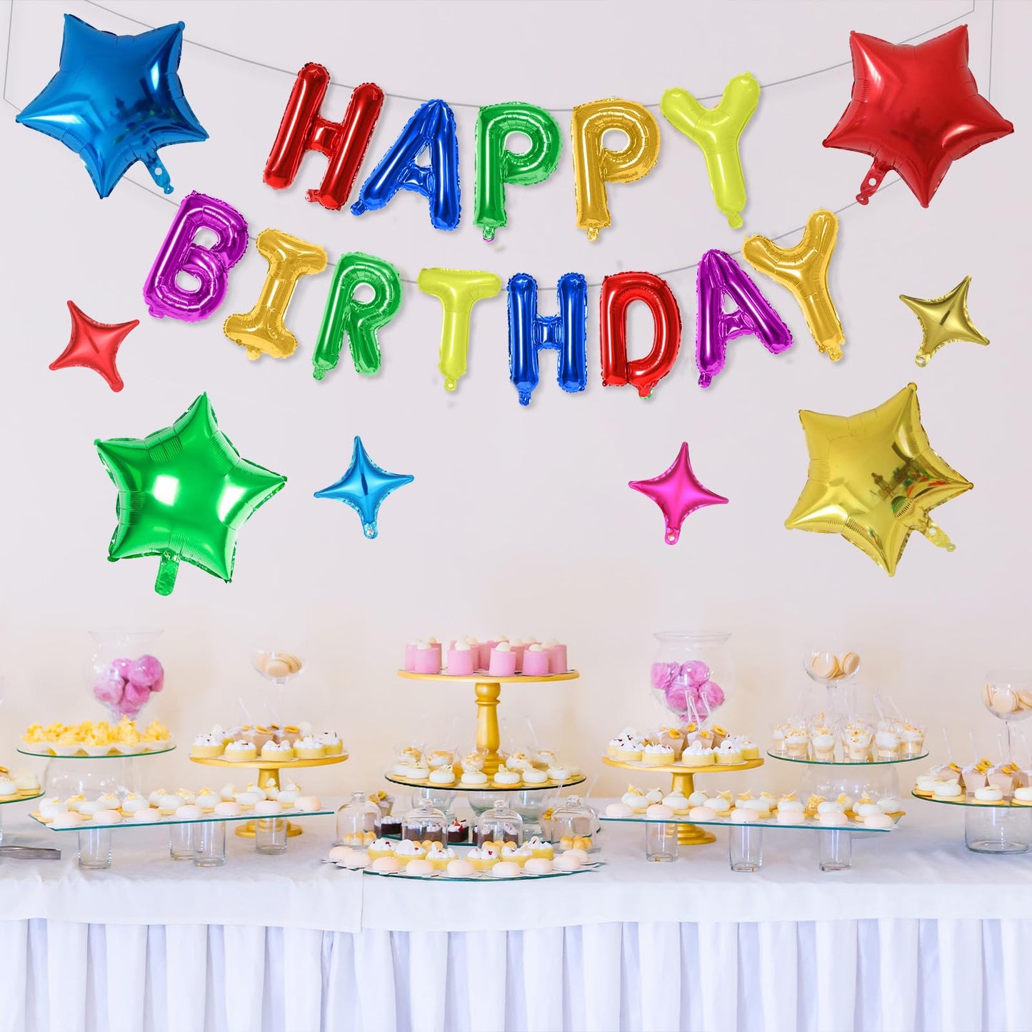 Happy Birthday Balloons Banner, Rainbow Happy Birthday Foil Balloons 16 Inch Foil Letter Balloon with 8 Pcs Gradient Blue Pink Star Balloon for Women Men Boys Girls Birthday Party Decoration WN420