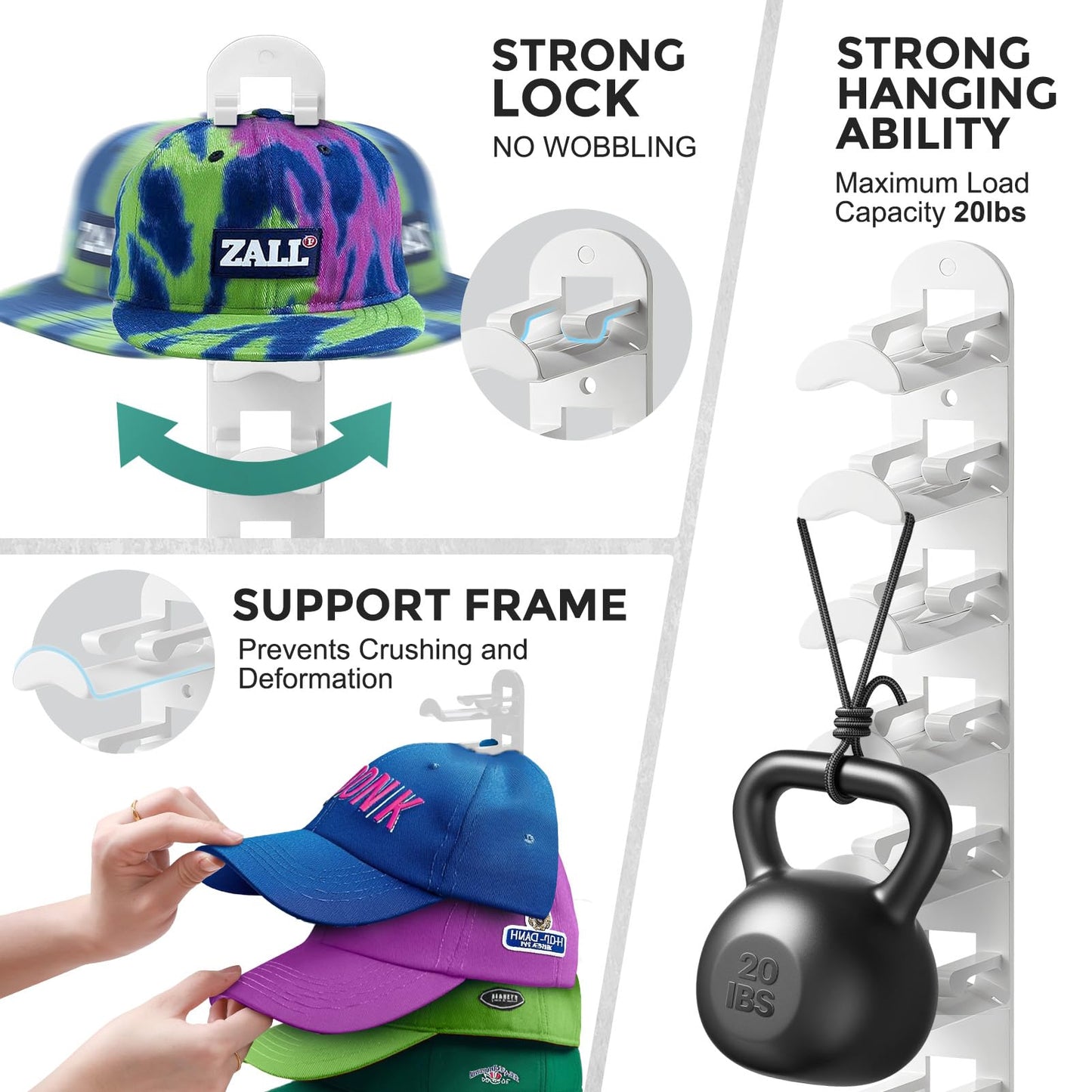 Hat Hook for Wall, 2 Pack Hat Organizer Hold up to 20 Hats,Hat Holder with Strong Adhesive and 8 Pack Screws, Cap Holder Hat Hangers for Wall Closet Door and Bedroom(B-Black) BST220