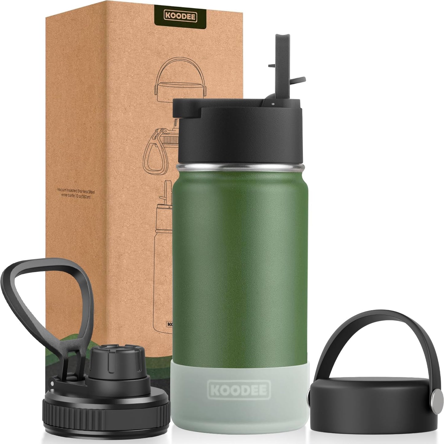 koodee Water Bottle-12 oz Stainless Steel Double Wall Vacuum Insulated Water Bottle for School-Wide Mouth Flask with Straw Lid (Teal) BST220