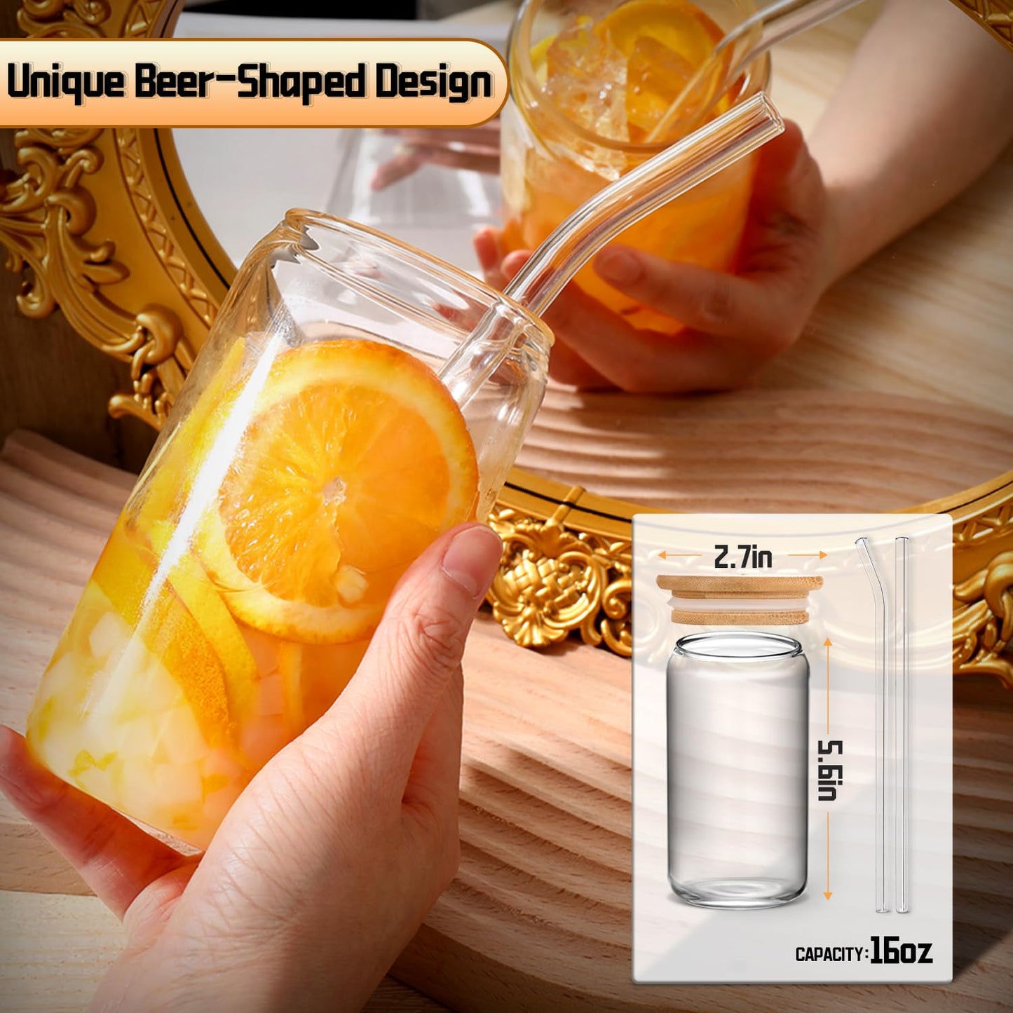 DWTS DANWEITESI Glass Cups “20oz”,Glass Cups with Lids and Straws 4 pcs-Coffee Cups,Drinking Glasses Set,Glass Tumbler with Straw and Lid Gift 2 Cleaning Brushes 600ml BST202