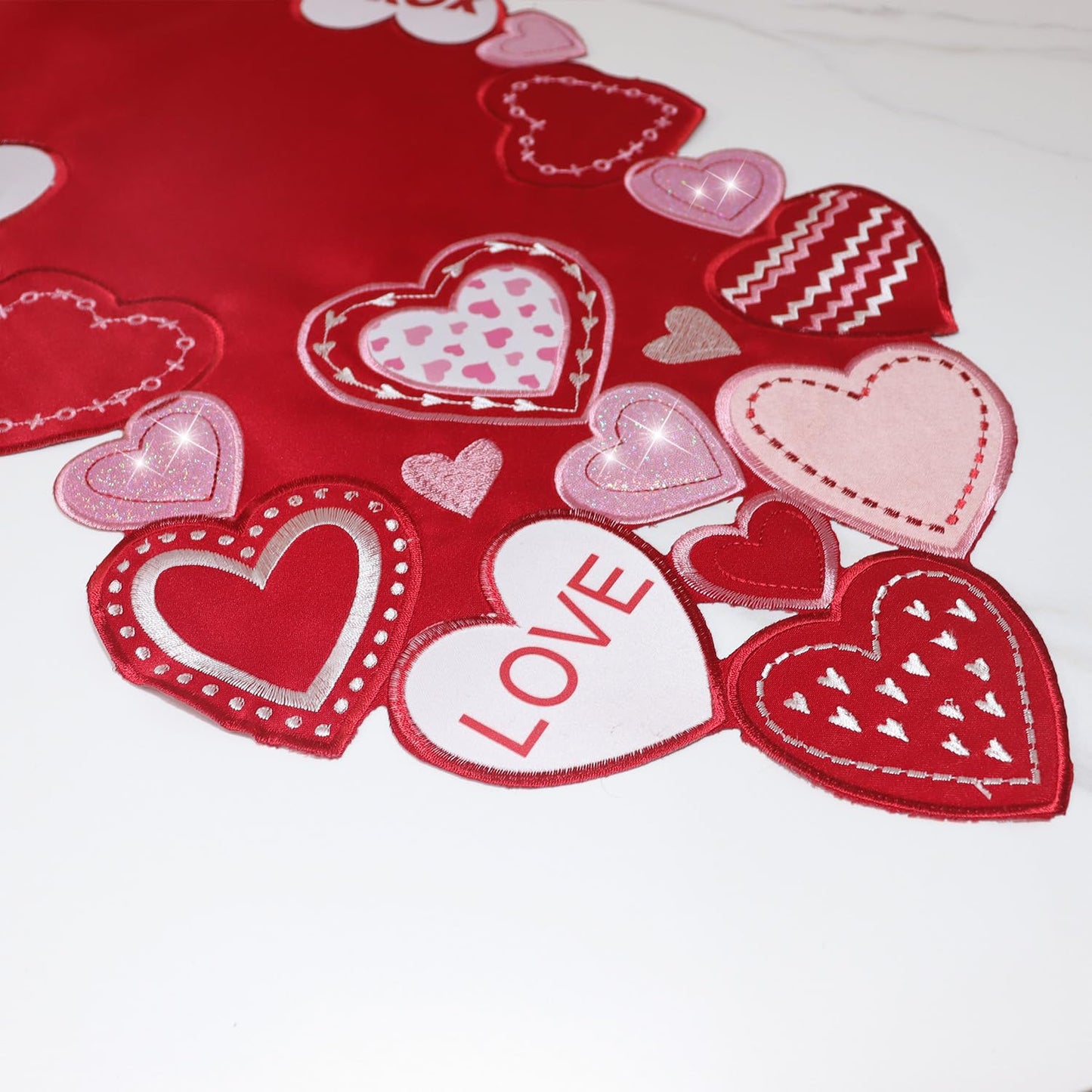 Valentines Table Runner Embroidered Red Love Heart Pink Valentines Day Runner for Table Decorations 54 inches Long Sparkle Cut Out Wedding XOXO BST202