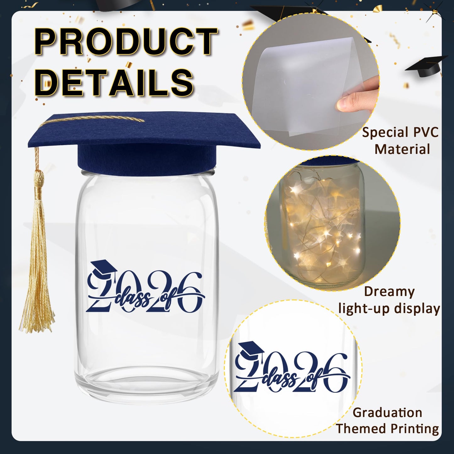 3 Sets 2026 Graduation Centerpieces for Tables, Glowing Mason Jar Centerpieces with Graduation Caps, Glowing Money Jars for College High School Congrats Grad Party Decor Supplies WN420