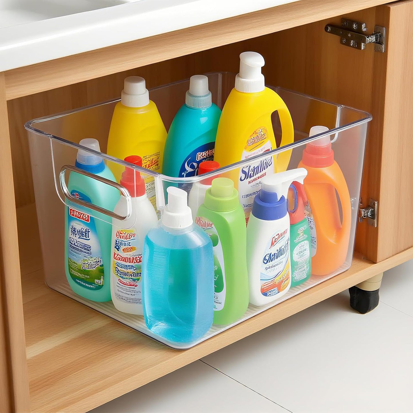 Set of 8 Clear Organizers and Storage Bins, 4 Large and 4 Small Stackable Plastic Storage Containers with Handles for Fridge, Freezer, Pantry, Cabinet, Kitchen Organization BST326H