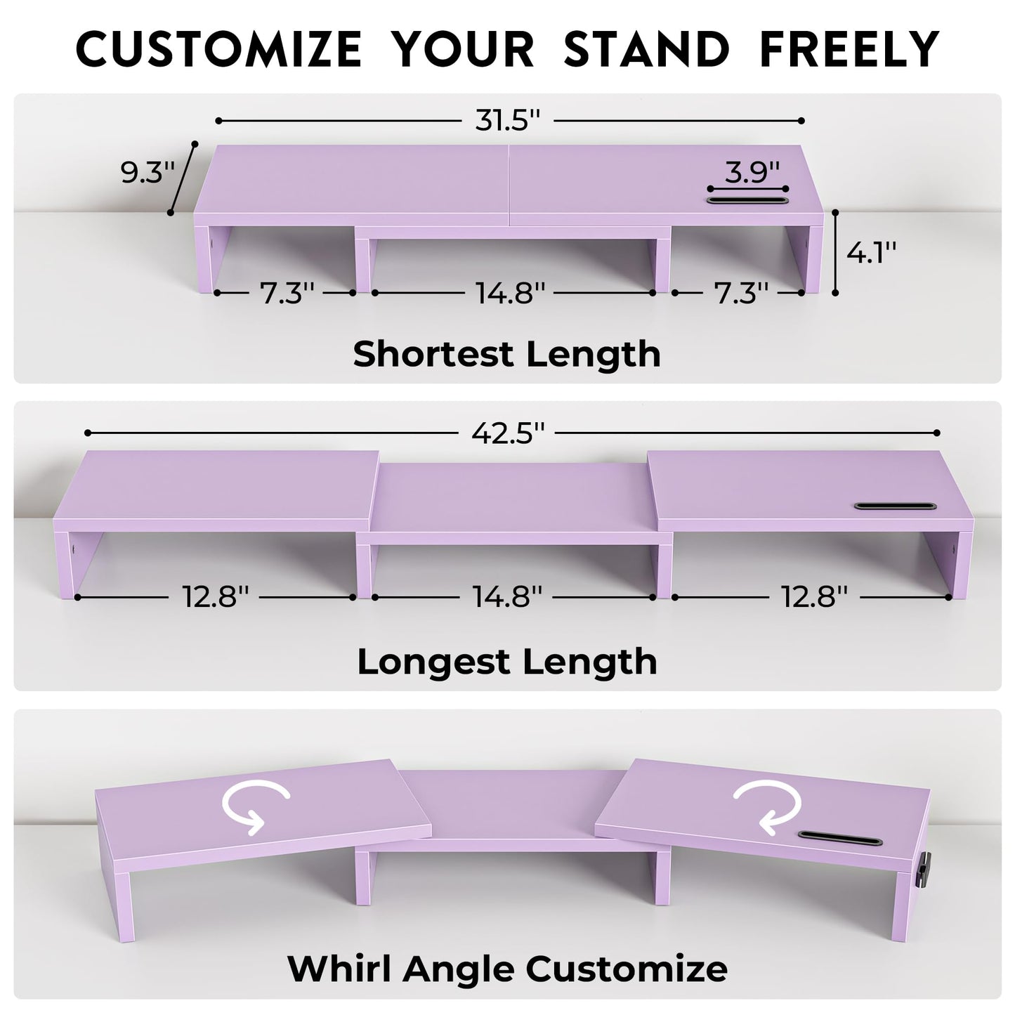 BONTEC Dual Monitor Stand Riser, Adjustable Length & Swivel Angle, Pink | Ergonomic Wooden Desktop Organizer with Smartphone Holder, Computer Monitor Stand for PC, Laptop, Printer and Large Storage BST202