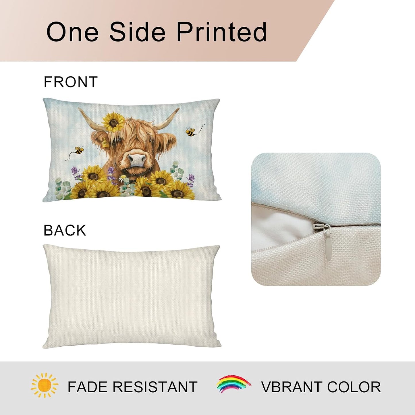 Sunflower Highland Cow Lumbar Throw Pillow Cover 12x20 Inch Summer Cushion Case Decoration for Sofa Couch BST202