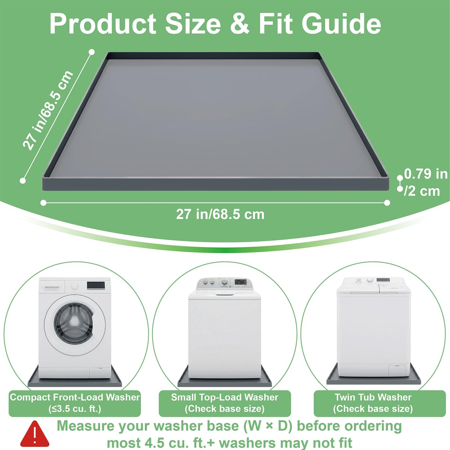 27 x 27 Inch Washing Machine Drain Pan, Silicone Washer Pan, Grey | 2cm Raised Waterproof Edge, Washer and Dryer Mat for Floor Protection, Fits Compact Washers Up to 3.5 Cu.Ft. BST220