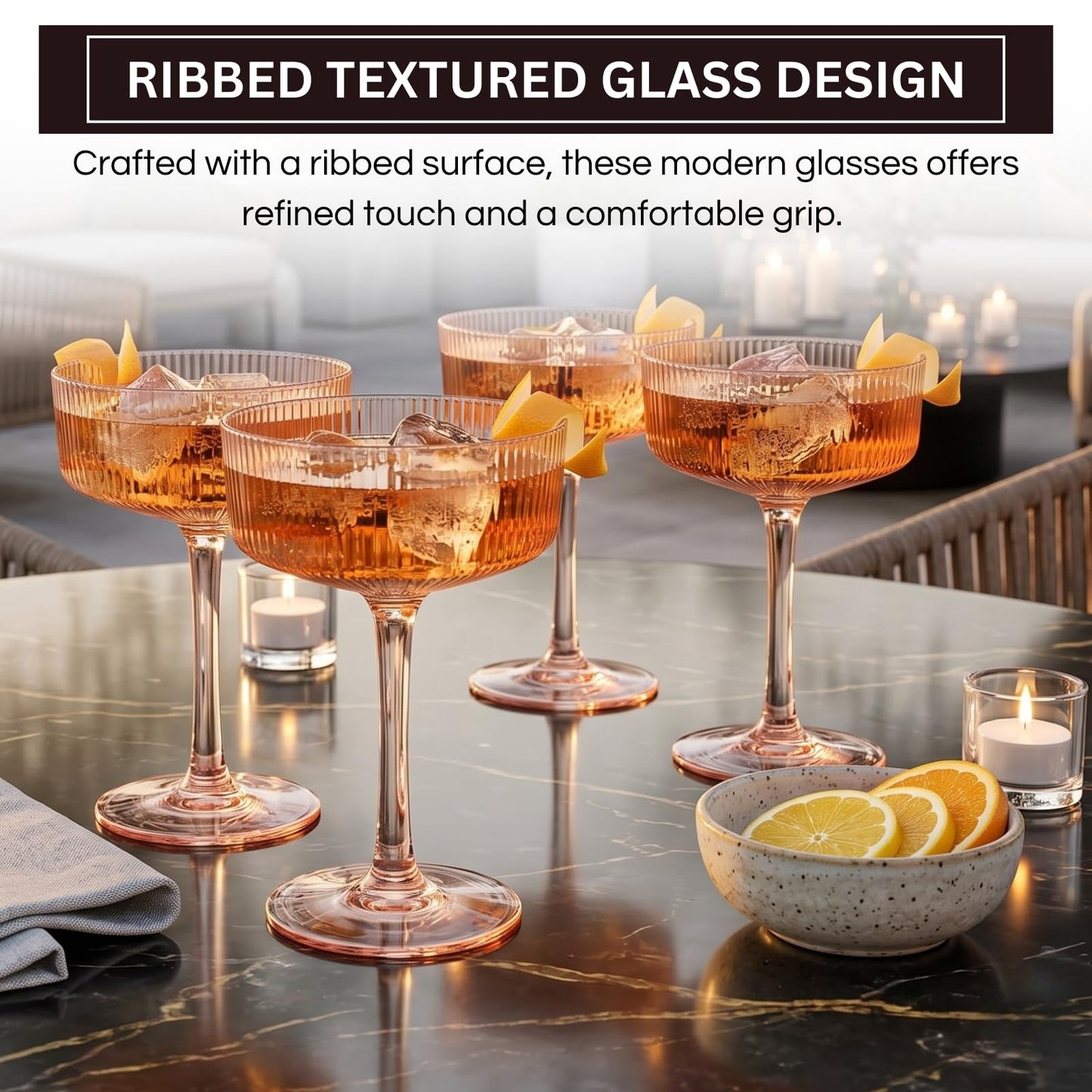 Khen Pink Peach Acrylic Ribbed Coupe Martini Champagne Cocktail Glasses, Set of 4, 8 oz Shatterproof Ripple Stemware European Style Reusable Drinkware Goblets, Indoor Outdoor Parties Weddings Bar Gift BST220