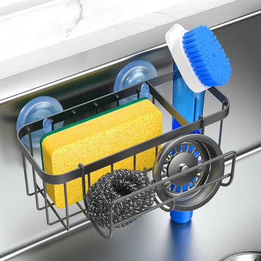 3-in-1 Kitchen Sink Caddy Organizer with Sponge Holder, Brush Holder, Extra Rack for Scrubber, Sink Stopper, Dish Cloth Hanger - Strong Dual Suction Cup, 2.0mm SUS304 Stainless Steel - Grey WN420