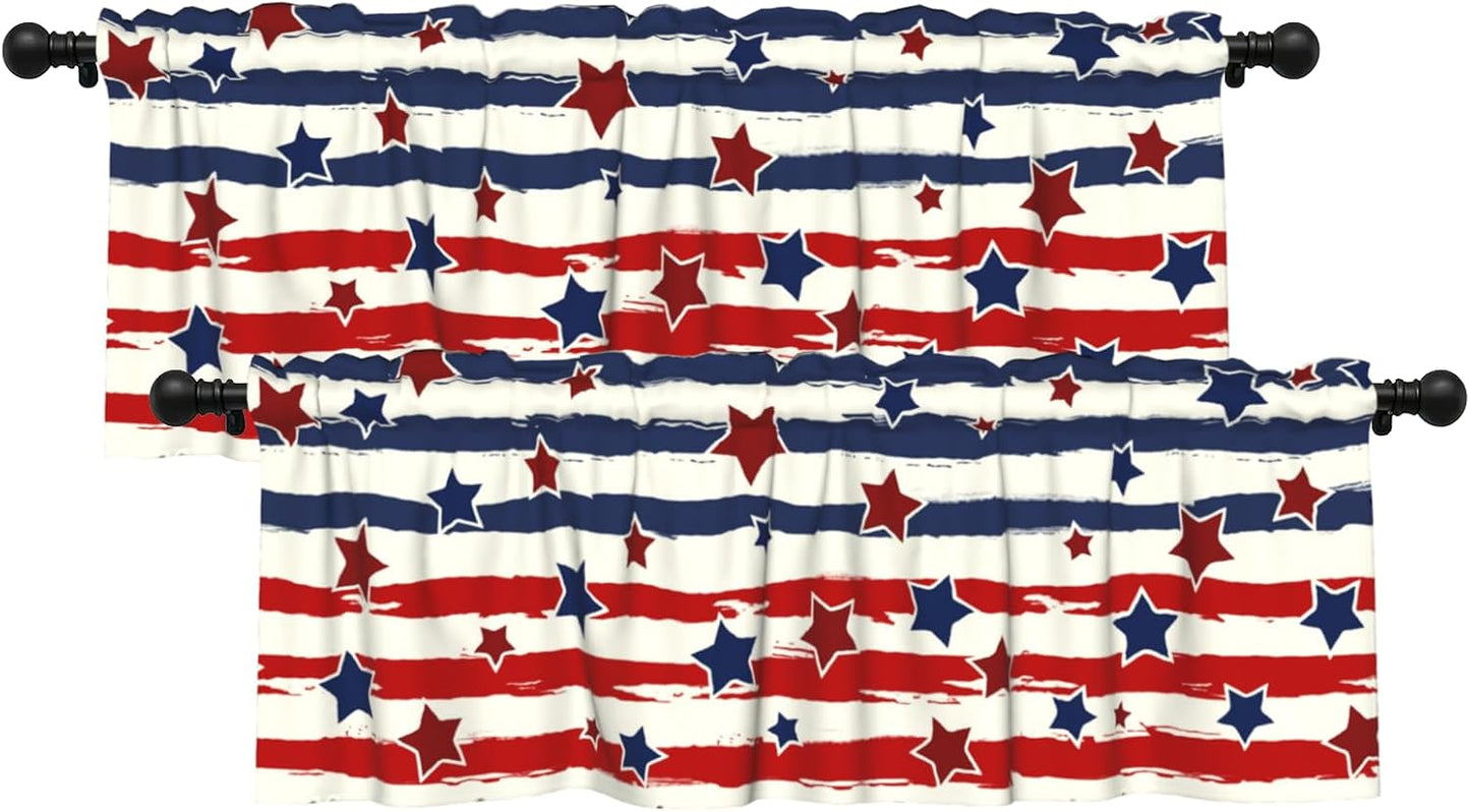 4th of July Kitchen Valances for Windows 2 Pack 54"x18" Patriotic Stars and Stripes Short Curtains Americana Independence Day Memorial Day Window Treatment Rod Pocket Valance for Living Room Decor BST326L