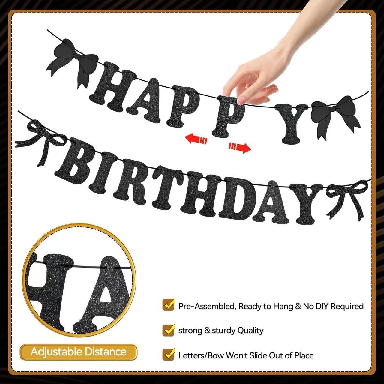Black Bow Birthday Decorations Set - Coquette Theme Party Supplies with Happy Birthday Banner Garland, Hanging Swirls, Bow Balloons for Women Black Party Decorations Supplies (black) BST326L