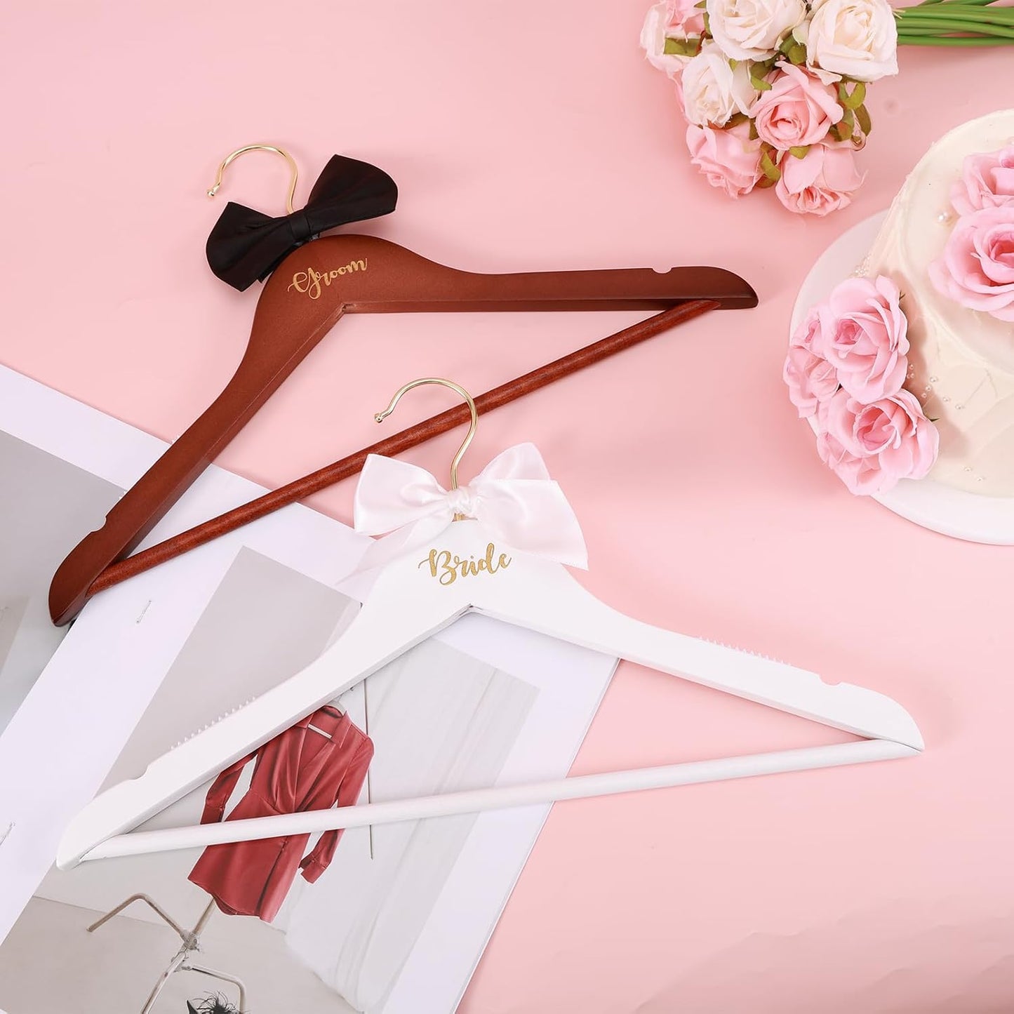 2pcs Bride and Groom Wedding Hangers, Wooden Elegant Bridal Dress Hanger with Bow & Bow Tie Wedding Dress Accessory for Bridal Party & Shower Supplies BST326H