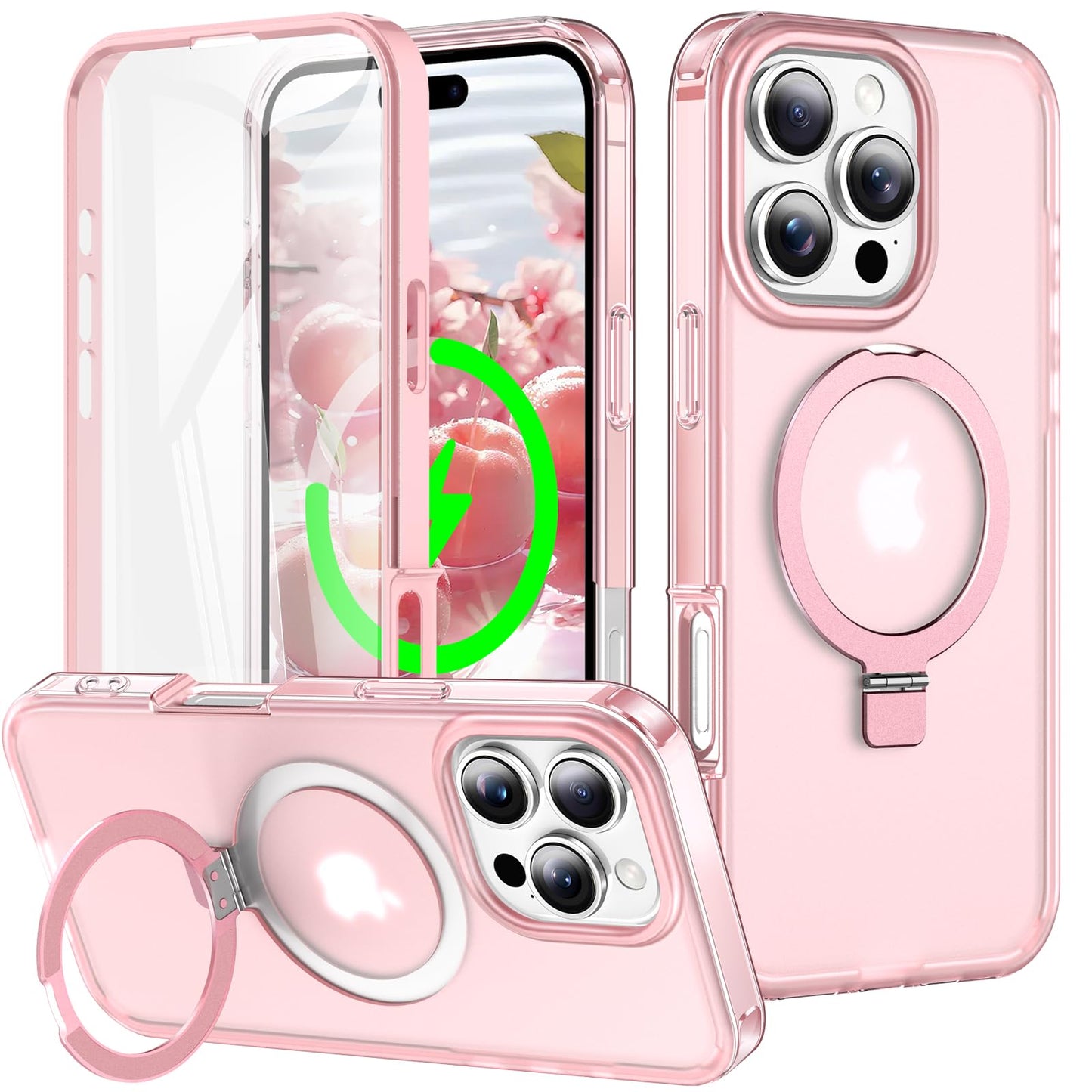 for iPhone 13 Pro Full Body Shockproof Case with Magnetic Invisible Stand [Compatible with MagSafe] Built-in Screen Protector Military Drop ProtectionTranslucent Phone Cover -Hot Pink WN420