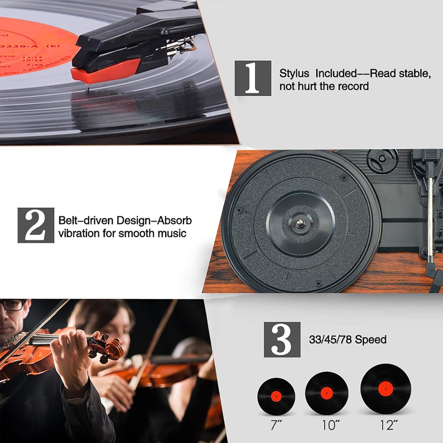 Vinyl Record Player Wireless Turntable with Built-in Speakers and USB 30