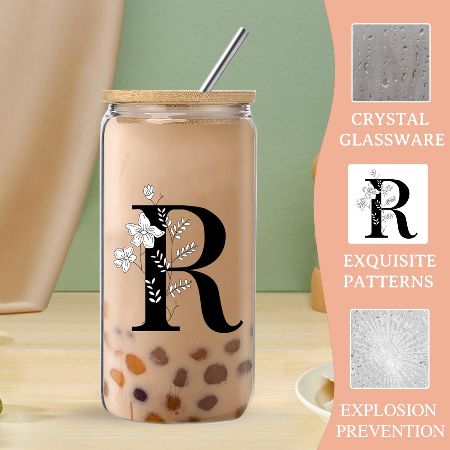 Monogrammed Initial Glass Cup with Lids and Straws gift for Women | Personalized Gift Set with Doll, 16 Oz Ice Coffee Cup ,reusable glass tumbler,Birthday Christmas Gift for Her,U WN420