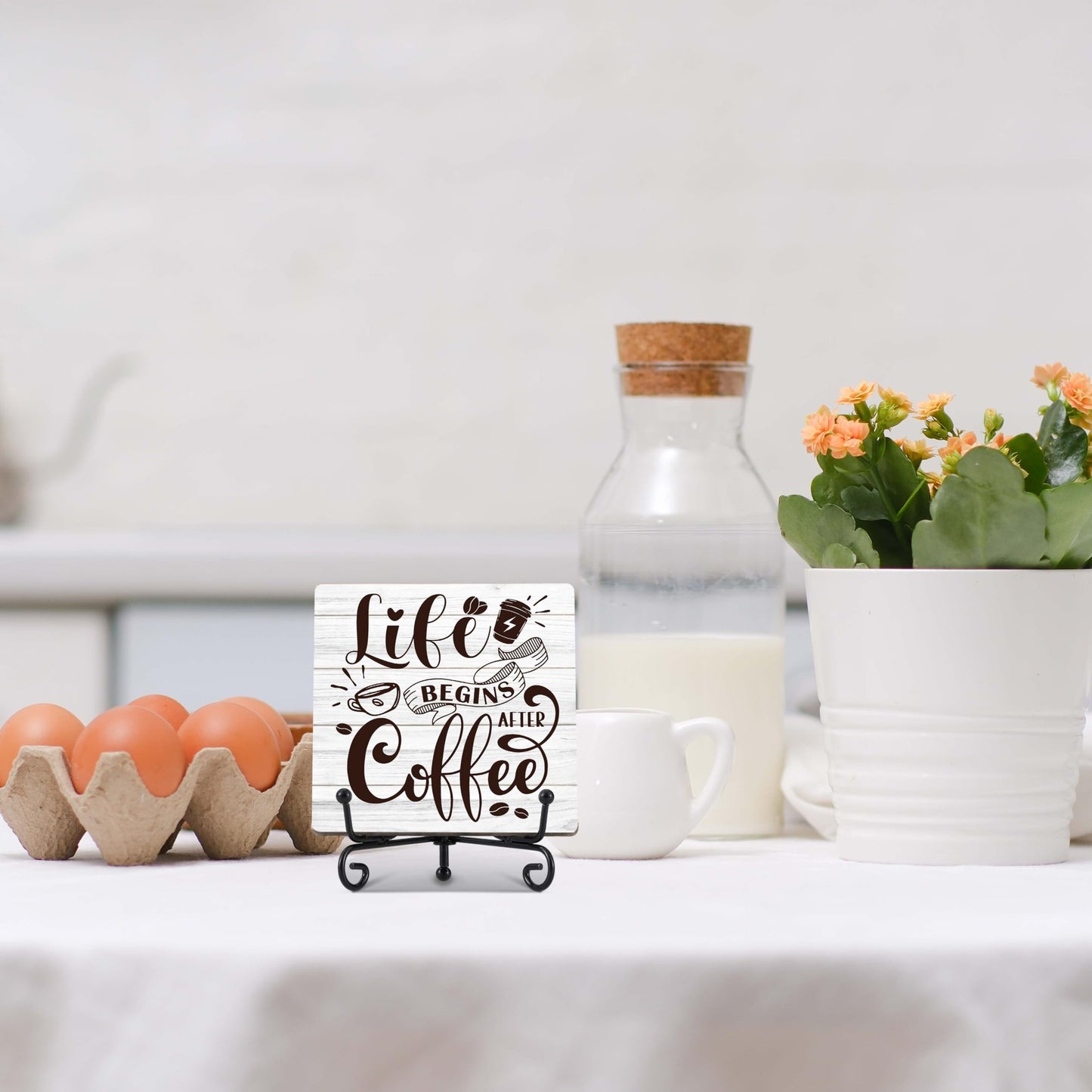 Coffee Bar Decor, Farmhouse Kitchen Table Decor, Coffee Station Accessories, Wooden Decorative Sign with Iron Stand for Table Desk Shelf Display-E21 BST220