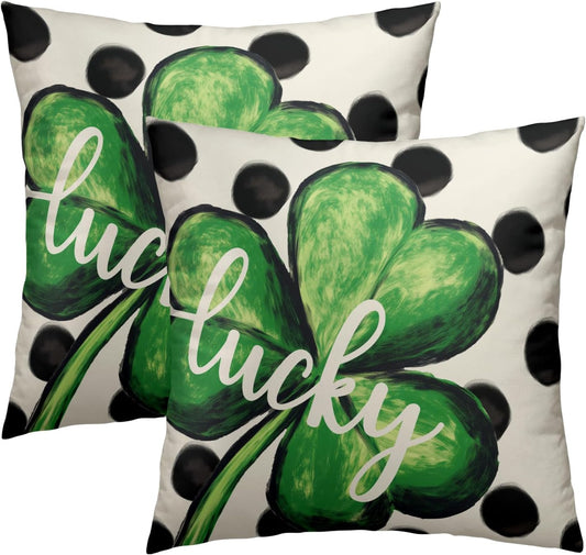 St. Patrick's Day Throw Pillow Covers 18x18 Inch Set of 2 Lucky Shamrock and Cream Dot Cushion Case Square Lucky Clover Green and Cream Throw Pillows Case for Party Sofa Couch Bed Bench Outdoor BST326H