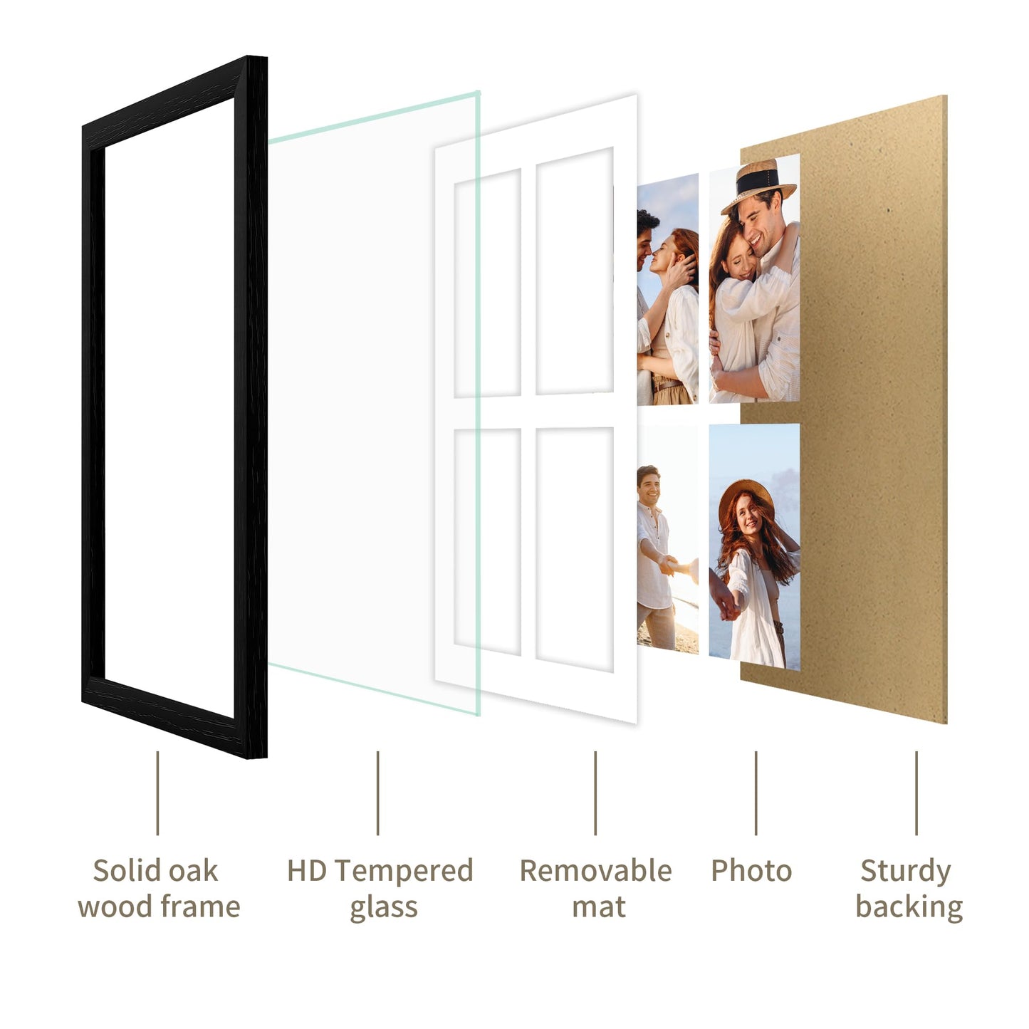 YESKAY 12x16 Picture Frame - 12 x 16 Photo Frame Made of Solid Oak Wood and Real Glass,Display Picture 4 Opening 5x7 with Mat or 12x16 Without Mat for Wall Mounting(Color Walnut) BST326H