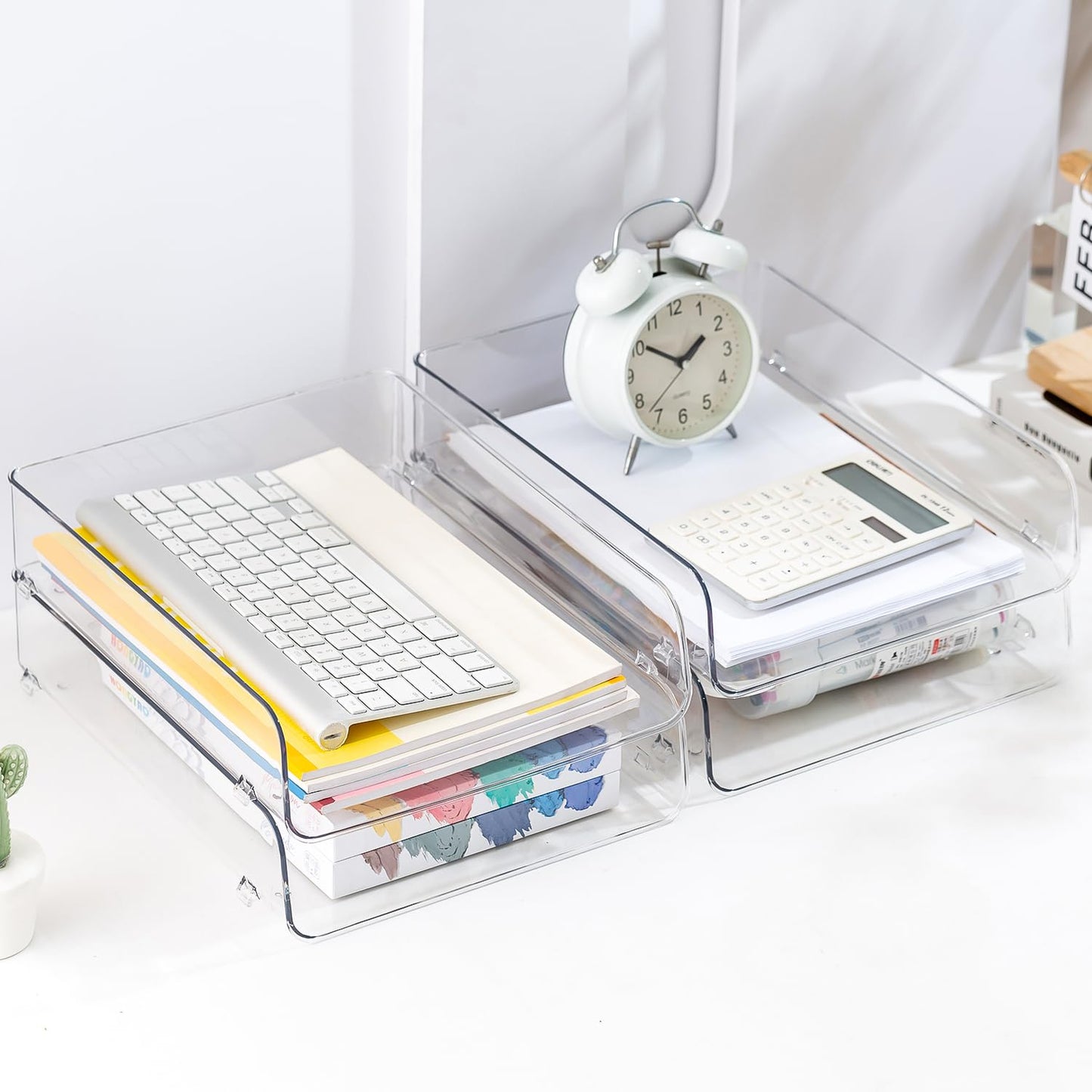 Gagee 4 Pack Paper Organizer for Desk,Stackable Paper Tray Book Holder for Classroom,Office and More,Letter Tray Desk Organizer,Clear BST220