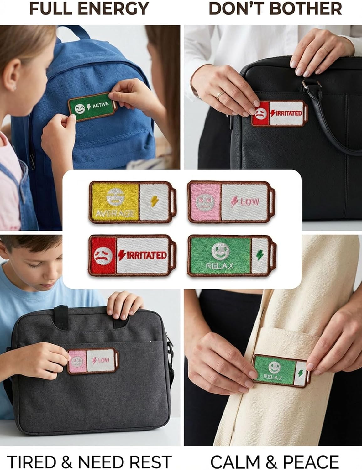 Emotion Battery Sew-on Patch Set, Embroidery Mood Patches for Jackets, Backpacks, Caps & DIY Crafts, Tactical Gear & Workwear Decor, Funny Gift for Friends & Family (5) BST202