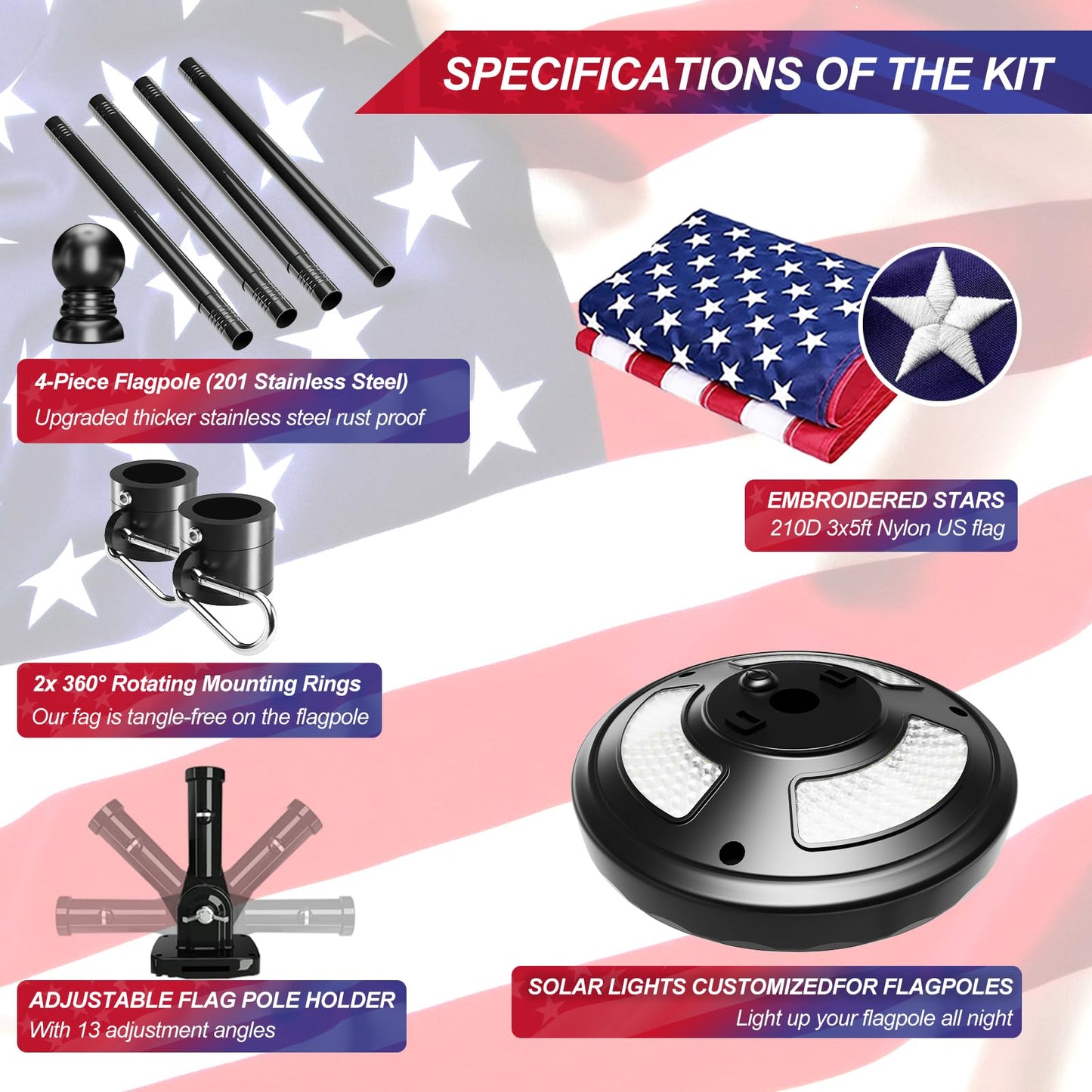 Sprookber 5ft Solar Light Flag Pole kit with American Flag – 180°Adjustable Bracket and Tangle Free Rings, Stainless Steel FlagPoles for Outside House, Residential or Commercial use, Silver WN420