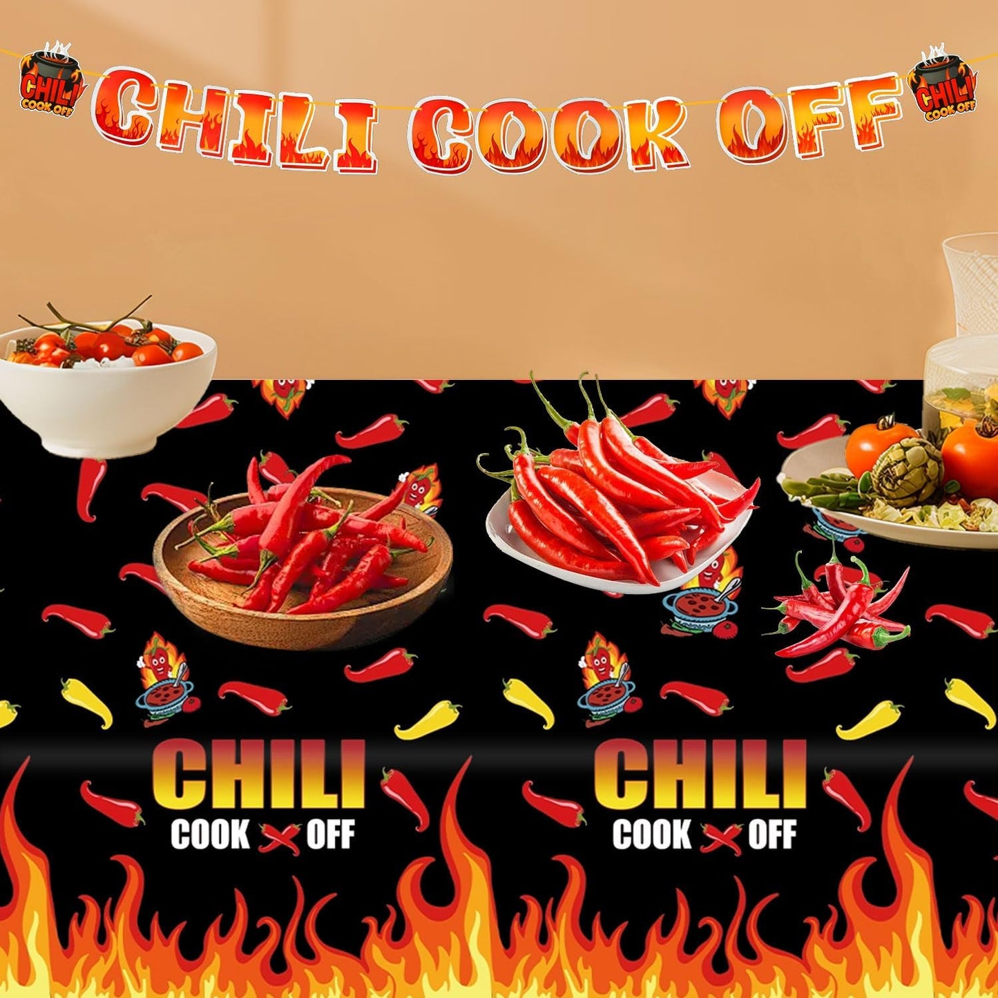 4Pcs Chili Cook Off Decorations Set Include 3P 51.2" x 86.8" Disposable Chili Pepper Flame Plastic Table Covers and Chili Cook Off Banner Chili Cooking Contest Party Supplies Chili Pepper Decorations BST326L