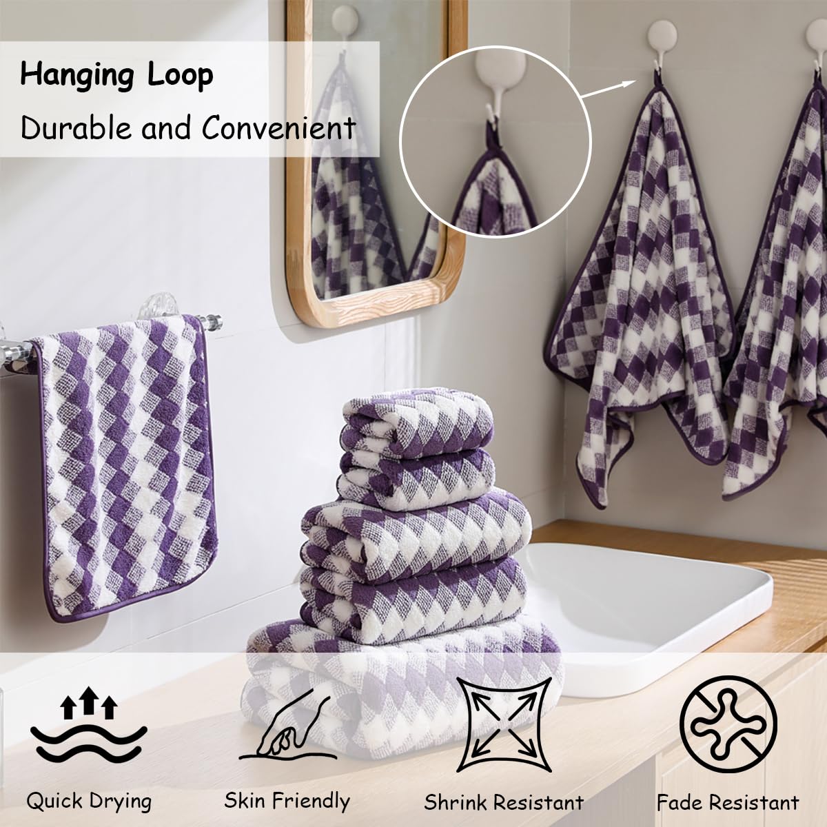 12 Pcs Light Gray Diamond Towel Set-4 Bath Towels,4 Hand Towels,4 Washcloths Soft Polyester Towels with Loop Absorbent Shower Towel Quick Dry Beach Chair Towel Family Towels for Bathroom Spa Gym Pool BST220