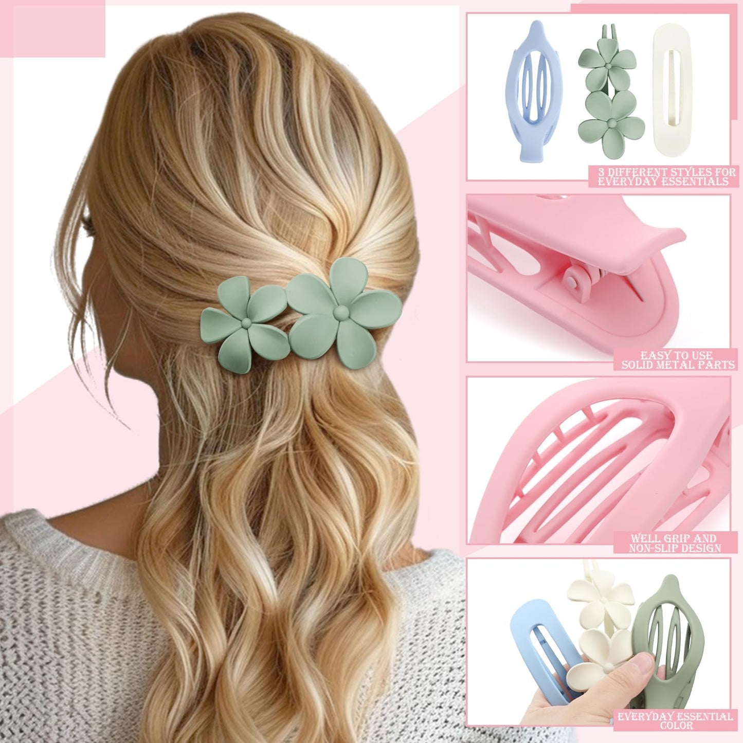 8 Pcs Flat Hair Clips for Women, 2 Styles Large Flat Claw Clips for Women, Strong Hold Non-slip French Hair Clips for Thick Thin Hair, Neutral Color WN420