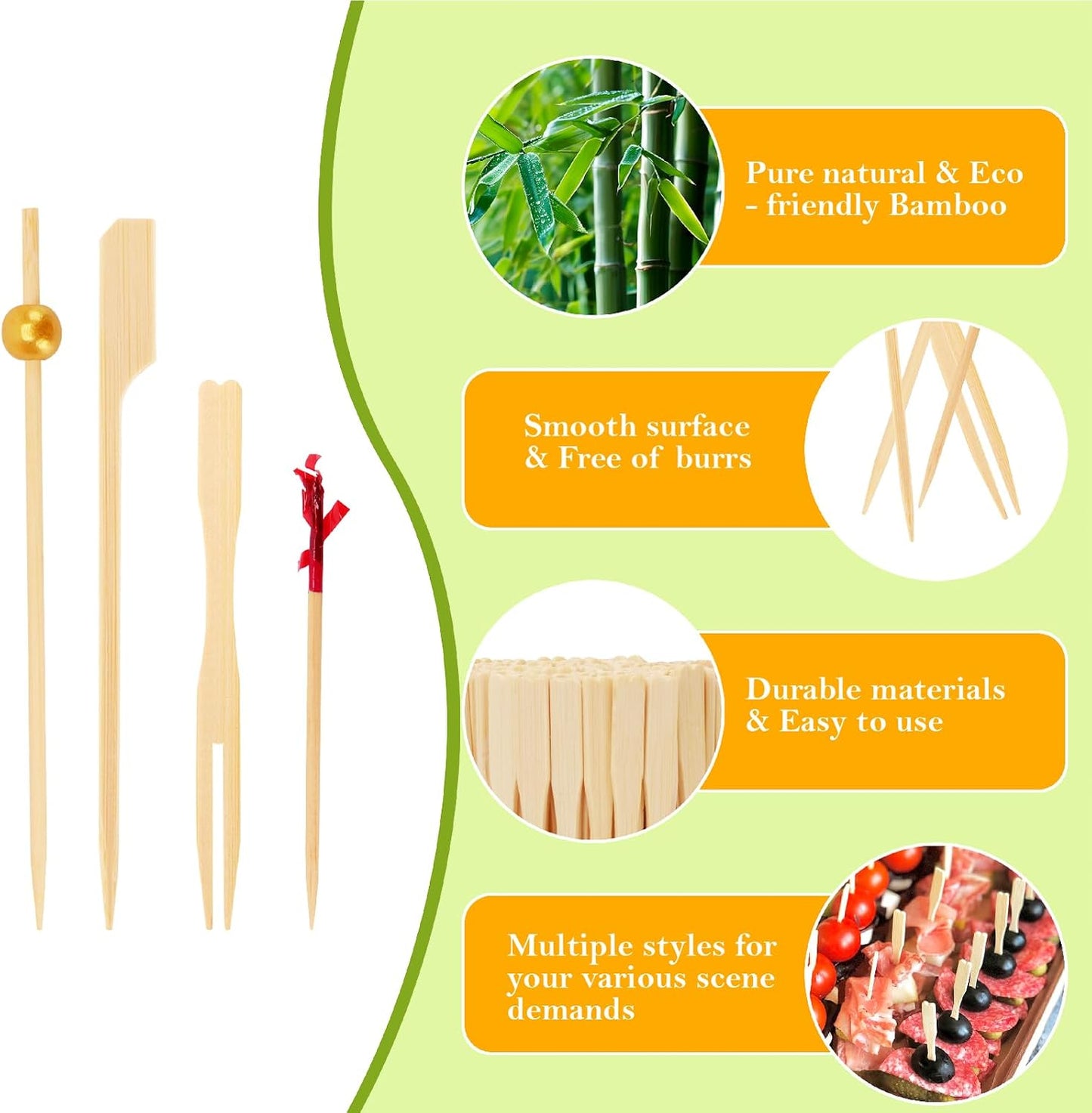 800PCS Cocktail Picks - 4 Styles Fancy Toothpicks for Appetizers Charcuterie Boards Accessories, Decorative Bamboo Skewers Wooden Long Cocktail Sticks for Drinks Food Fruit Sandwich Party Supplies BST202