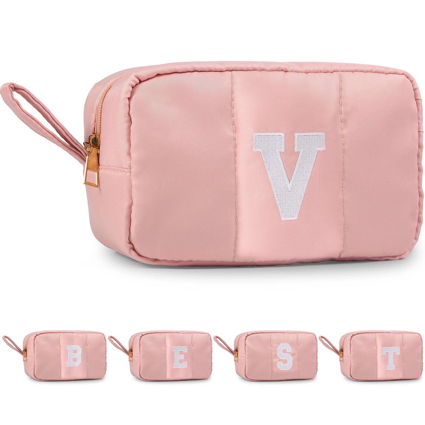 Puffy Makeup Bag for Women,Initial Cosmetic Bag,Cute Travel Toiletry Bag,Puffer Make Up Organizer Bags with Compartments,Personalized Gifts for Girlfriend Bridesmaid Teacher Graduation (Khaki gray, E) BST202