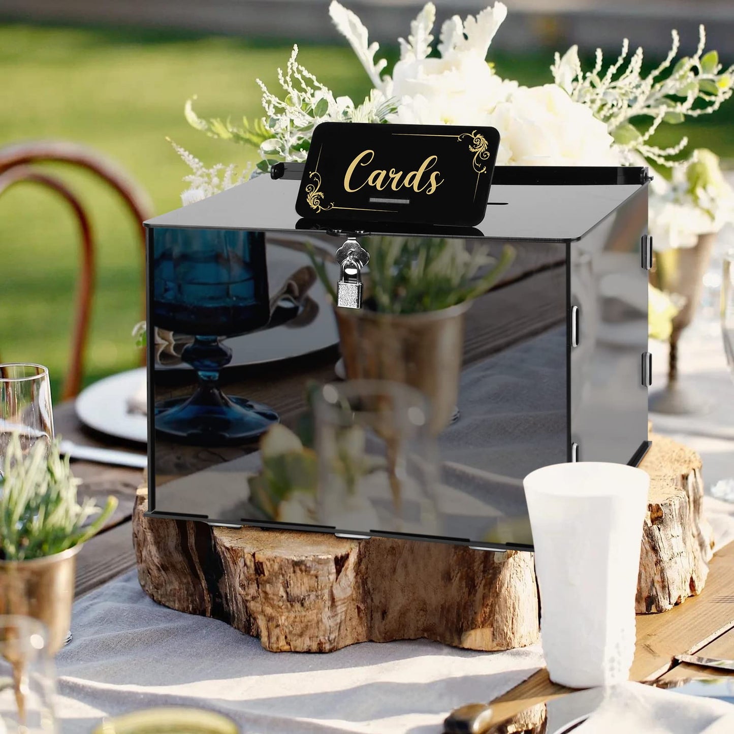 Fowecelt Acrylic Wedding Card Box with Lock Black Card Box DIY Large Rustic Card Box for Wedding Reception Bridal Shower Birthday Baby Shower Party Graduation Decorations (10x10x10 Inch) BST326H