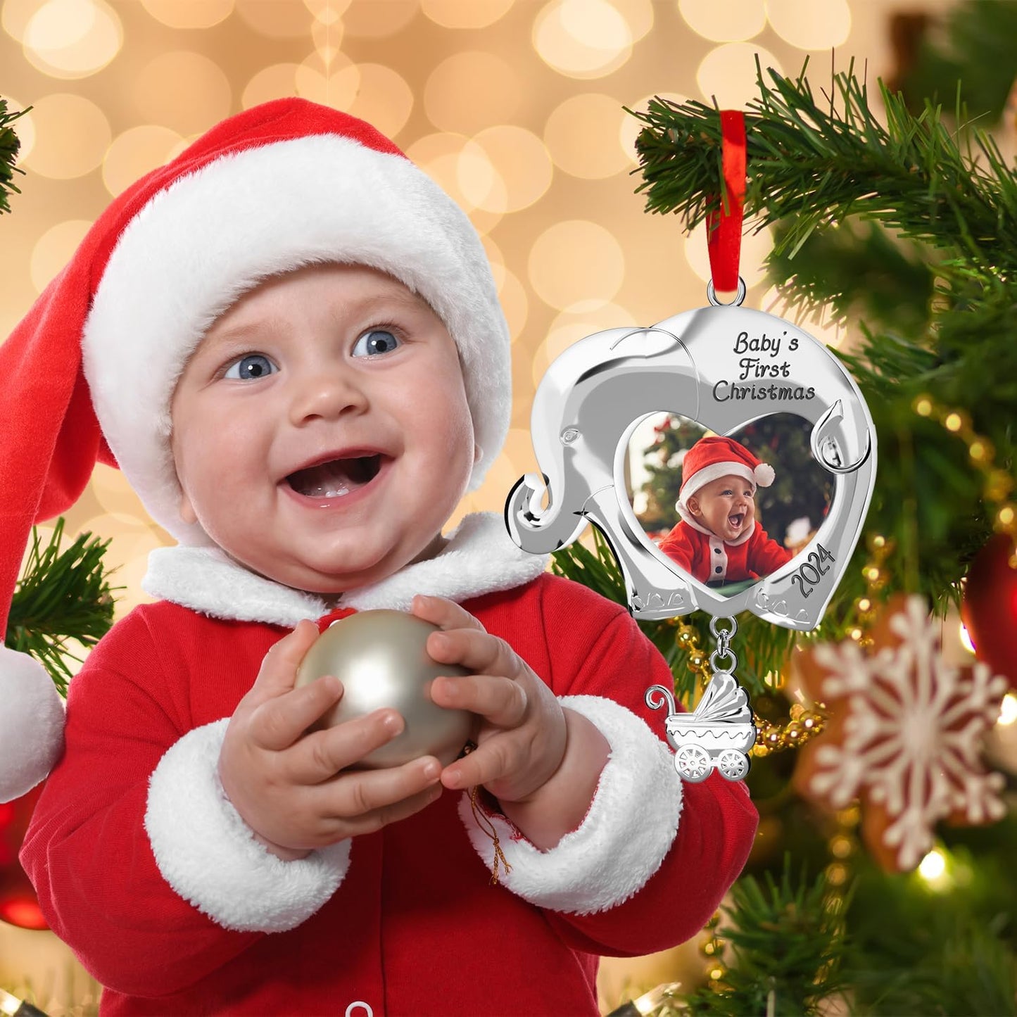 Babys First Christmas Ornament 2024 Boy Girl, Custom Personalized Babies First Xmas Tree Picture Frame WN420