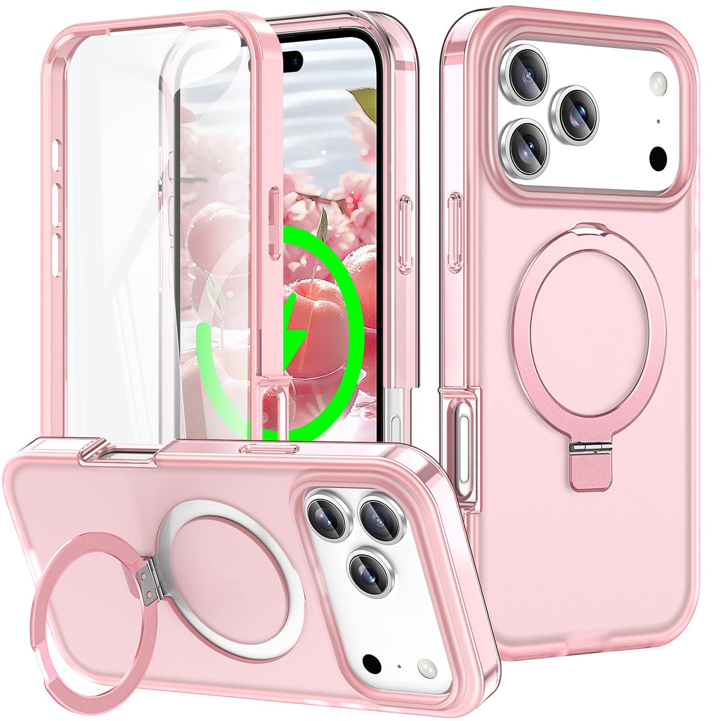 for iPhone 13 Pro Full Body Shockproof Case with Magnetic Invisible Stand [Compatible with MagSafe] Built-in Screen Protector Military Drop ProtectionTranslucent Phone Cover -Hot Pink WN420