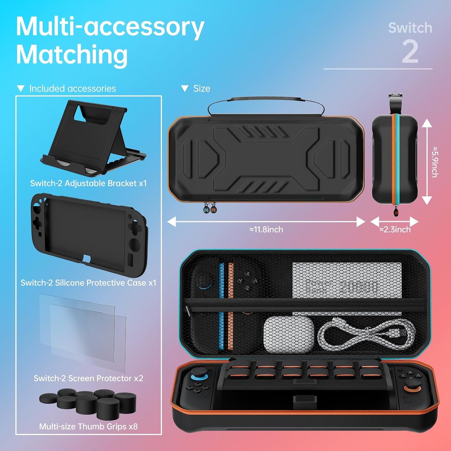 Hosanwell Switch2 13 in 1 Accessories Set for 2025 Nintendo Switch2 Model,Switch2 Hard Carrying Case with Switch2 Protective Case,8 Thumb Grip,2 Screen Protector,1 Stand WN420