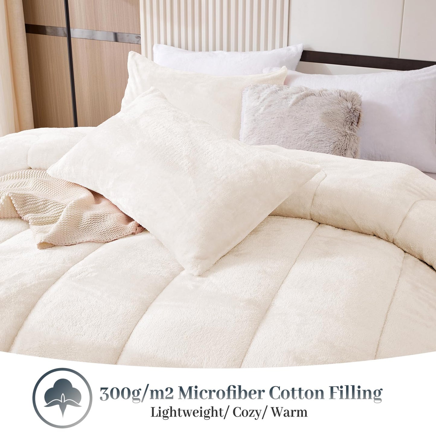 YIYEA Fluffy Queen Size Comforter Set, Luxury Faux Fur Comforter, Ultra Soft Plush Fuzzy Velvet Bedding Comforter Sets for Fall Winter, Cozy Warmth, No Shedding, 3PC, Queen, Light Grey BST326H