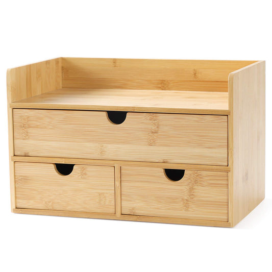 Wisuce Bamboo Desk Drawer Organizer, Desktop Organizer with Drawers Tabletop Storage Organization Box for Office Home Toiletries Supplies Vanity, No Assembly Required(1 with shelf-3 Drawers)