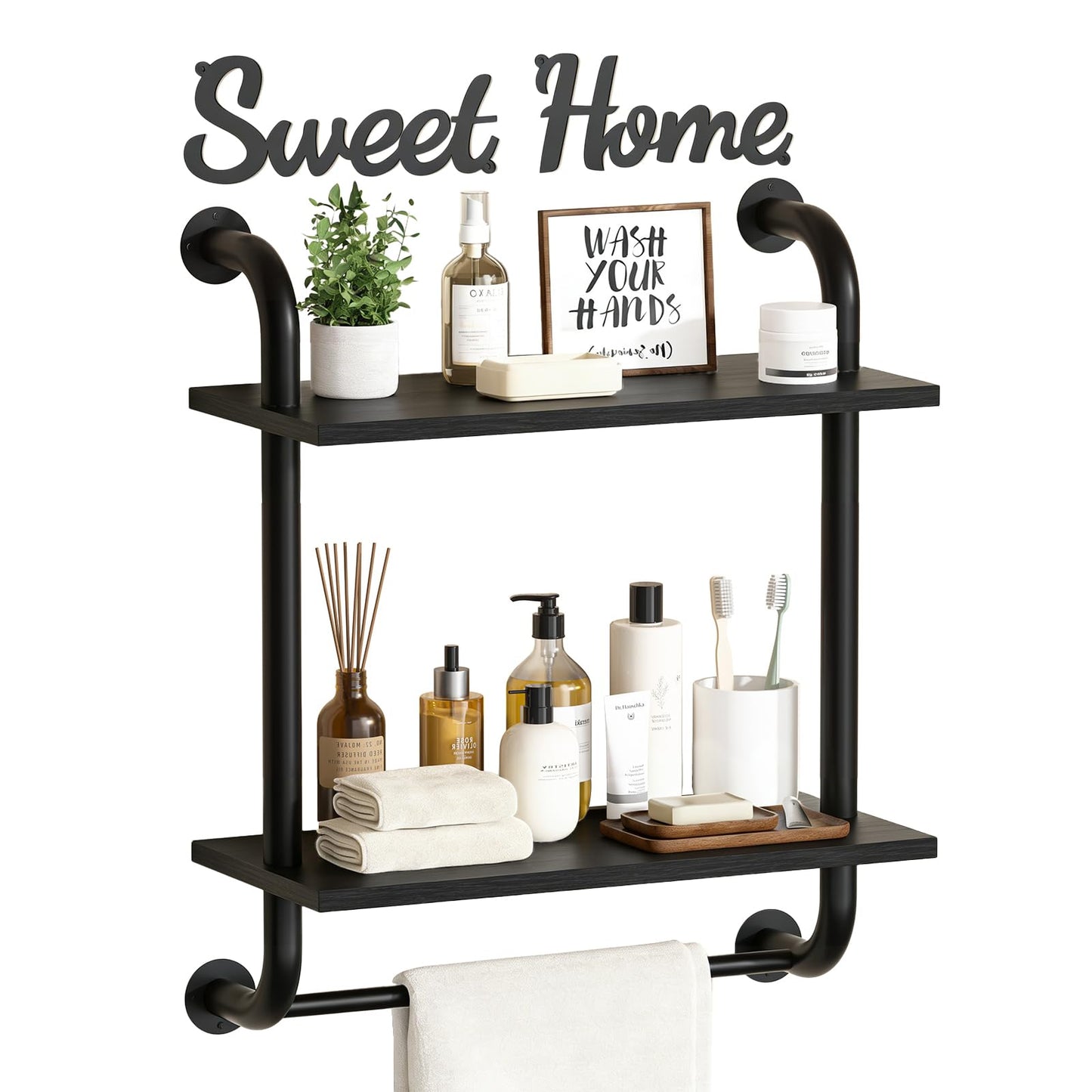 Tinpin Bathroom Shelves Wall Mounted, Rustic Farmhouse Pipe Shelves, Walls Shelf 3-Tier, Industrial Pipe Shelving, Floating Shelf Wall Decor for Bathroom, Kitchen, Bedroom, Living Room 17.3in Black DD1210