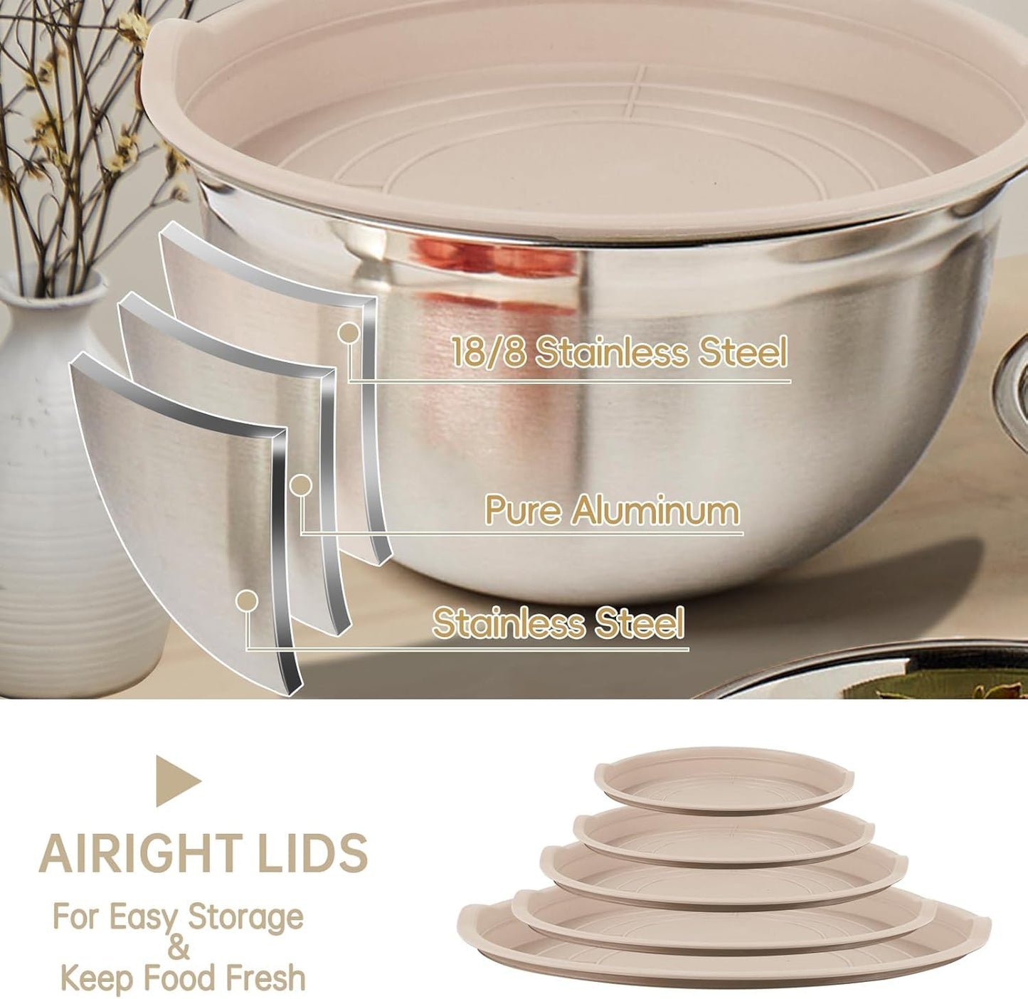 WEPSEN Mixing Bowls Set, 25PCS Stainless Steel Mixing Bowl with Lid Set, Large Nesting Bowls 7, 4.5, 3,2, 1.5QT, Measuring Cups and Spoons Baking Utensils Metal Bowl for Kitchen Prep BST220
