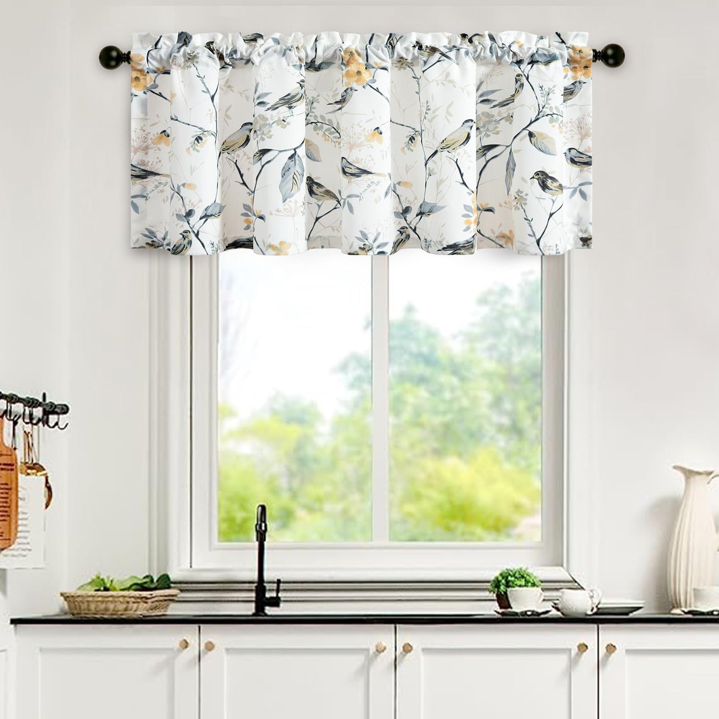 Leeva Tie Up Valance for Windows, Elegant Birds Pattern Light Filtering Window Treatment Valances for Bedroom Kitchen, One Panel, 52 x 18, Light Blue BST220