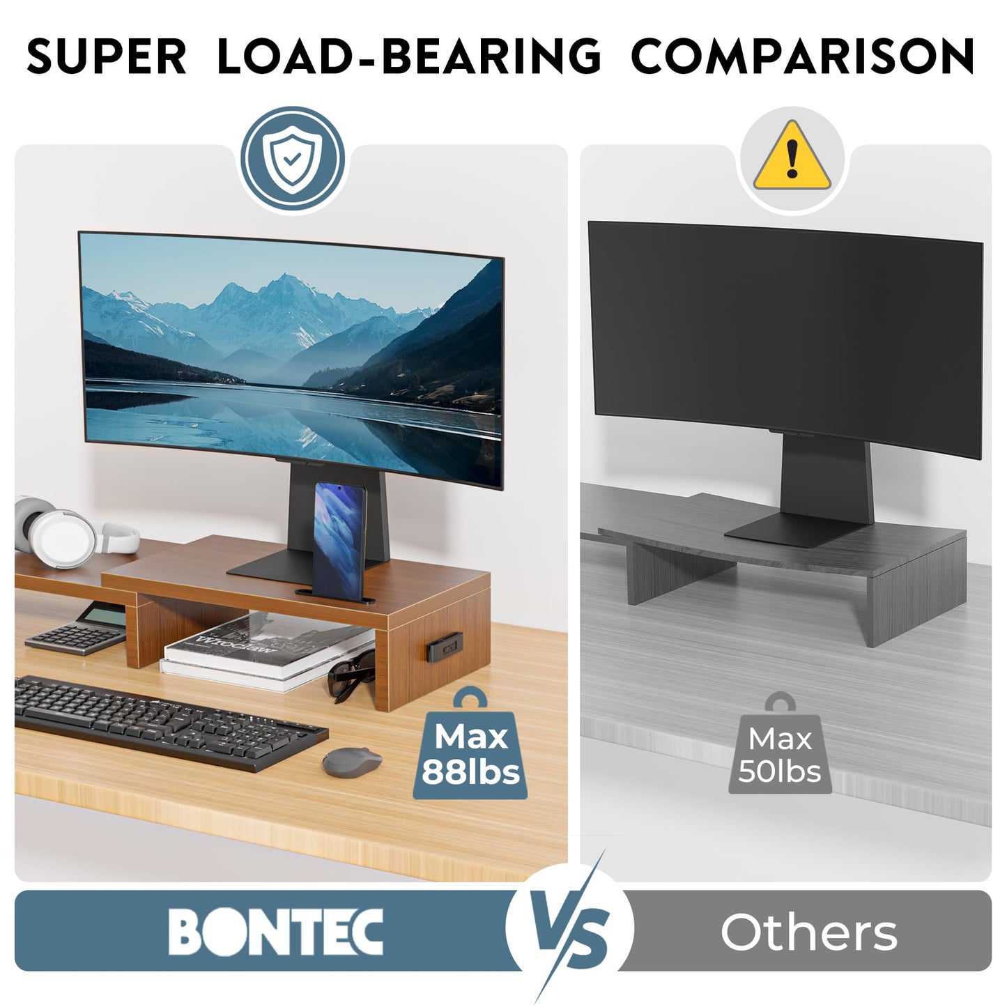 BONTEC Dual Monitor Stand Riser, Adjustable Length & Swivel Angle, Pink | Ergonomic Wooden Desktop Organizer with Smartphone Holder, Computer Monitor Stand for PC, Laptop, Printer and Large Storage BST202
