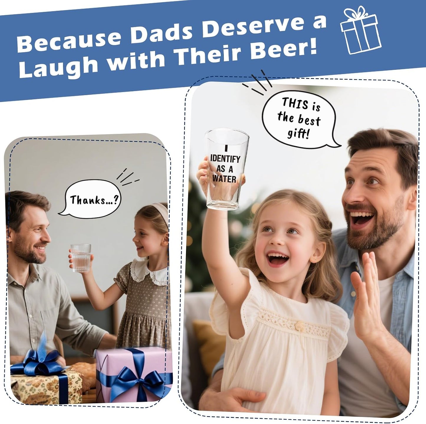 Father's Day Birthday Gift for Dad from Daughter Son Wife I Identify As A Water 16oz Beer Glass Fathers Day Retirement Promotion Gift for Father Daddy Bonus Stepdad Husband Grandpa Boyfriend Men Him BST326L