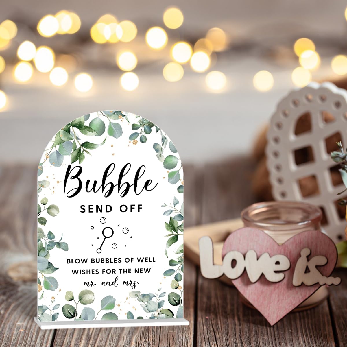 Acrylic Wedding Signs, Bubble Send Off Signs for Marriage Reception, Bridal Shower Decorations, Modern Arched Round Top Acrylic Table Top Sign with Holder for Wedding Party (White Eucalyptus Leaves) BST326L