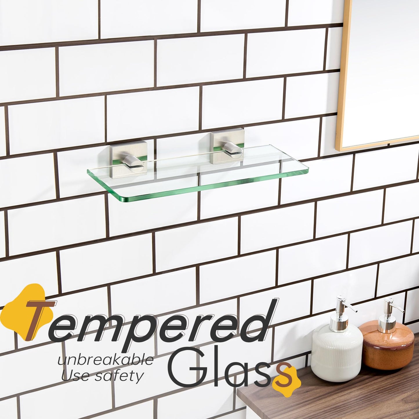 KOKOSIRI Glass Shelf for Bathrooms Floating Shelves Wall Mount 16-Inch for Shower Storage Kitchen Rack, 2 Pack Brushed Stainless Steel B1107BR-L16-P2 BST202