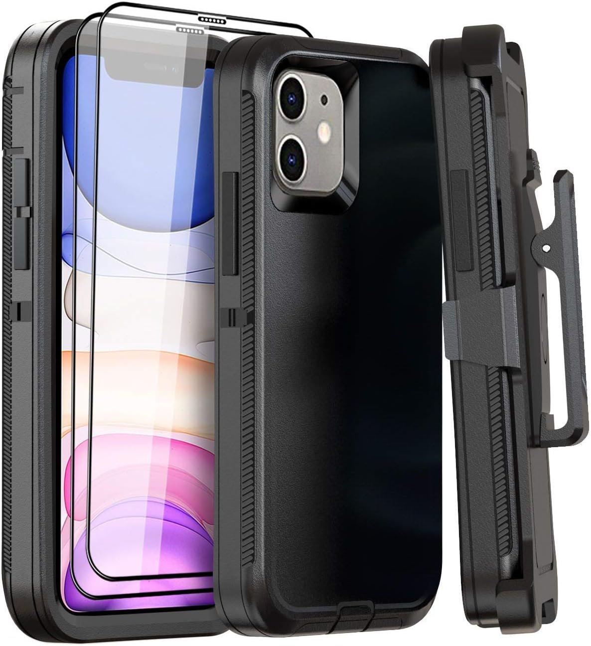 for iPhone 11 Case with Belt Clip Holster Kickstand & 2 Screen Protector, Full Protection Heavy Duty Phone Case, Shockproof Drop-Proof Durable Cover 6.1" [Black+Clip] WN420