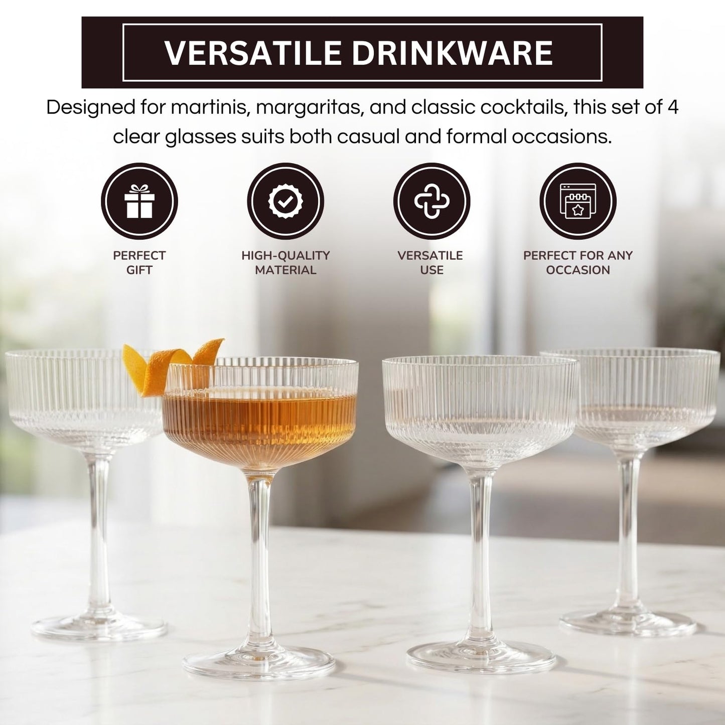 Khen Pink Peach Acrylic Ribbed Coupe Martini Champagne Cocktail Glasses, Set of 4, 8 oz Shatterproof Ripple Stemware European Style Reusable Drinkware Goblets, Indoor Outdoor Parties Weddings Bar Gift BST220